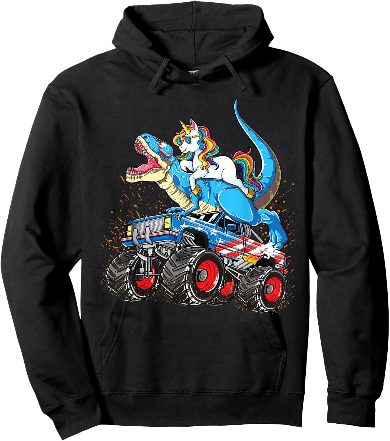 Unicorn Riding T rex Monster Truck Boys Girls Unicorn Hoodie - Hoodie | Black