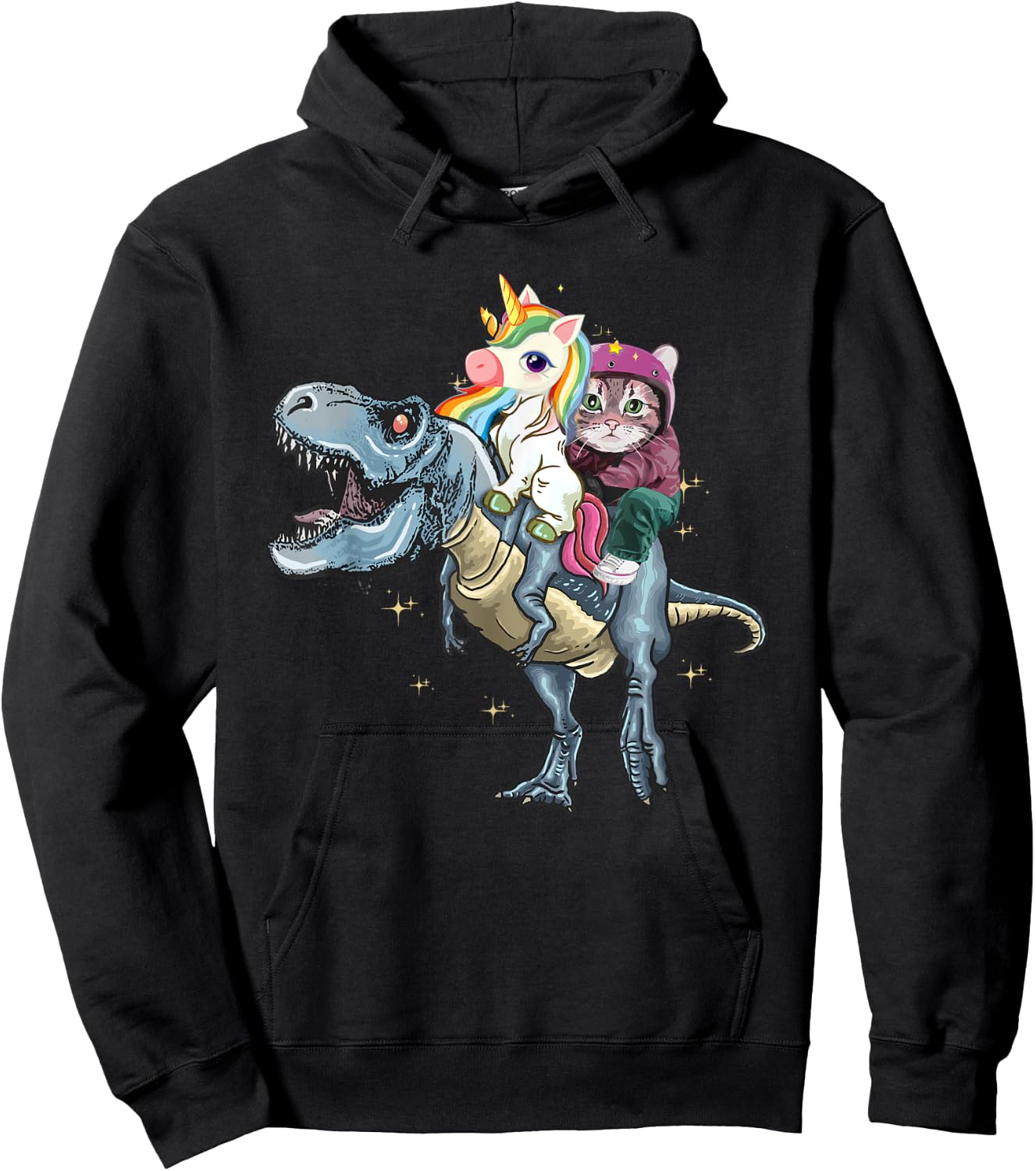 T-Rex Dinosaur Riding Unicorn Rainbow Funny Cat Lover Hoodie - Hoodie | Black