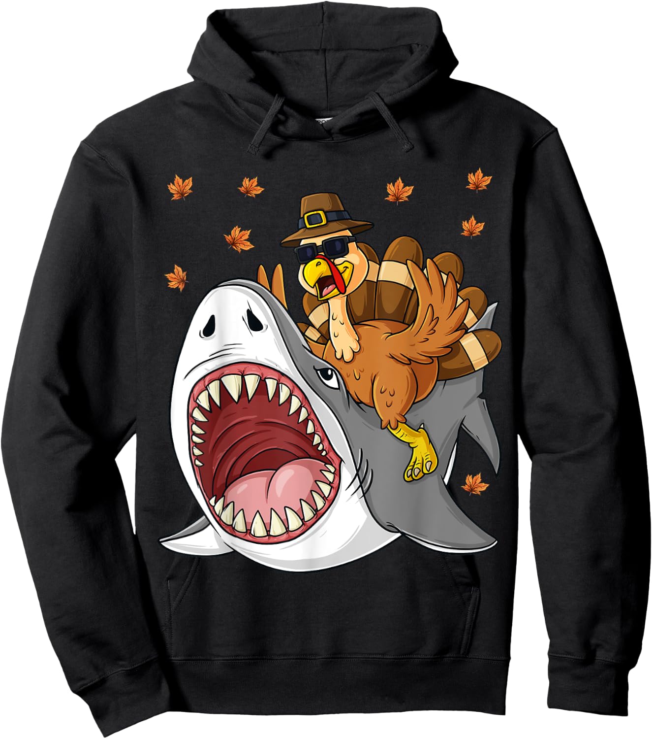 Thanksgiving Turkey Riding Shark Funny Toddler Boys Kids Hoodie - Hoodie | Black