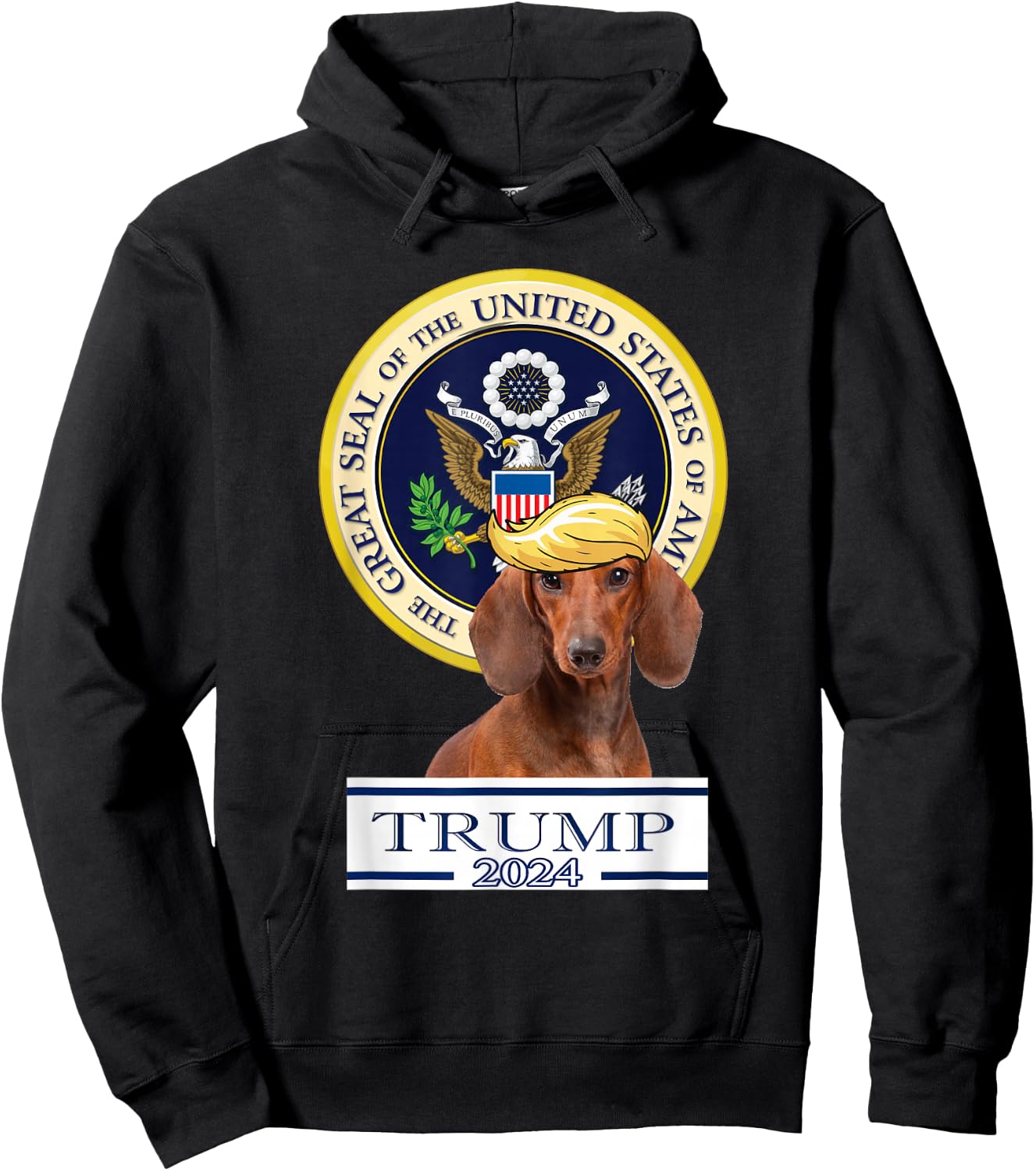 Trump 2024 Dog Trump 2024 Dachshund , Adult , Grey, Short Sleeve, 3XL, Regular Fit, Cotton/Polyester Blend Hoodie - Hoodie | Black