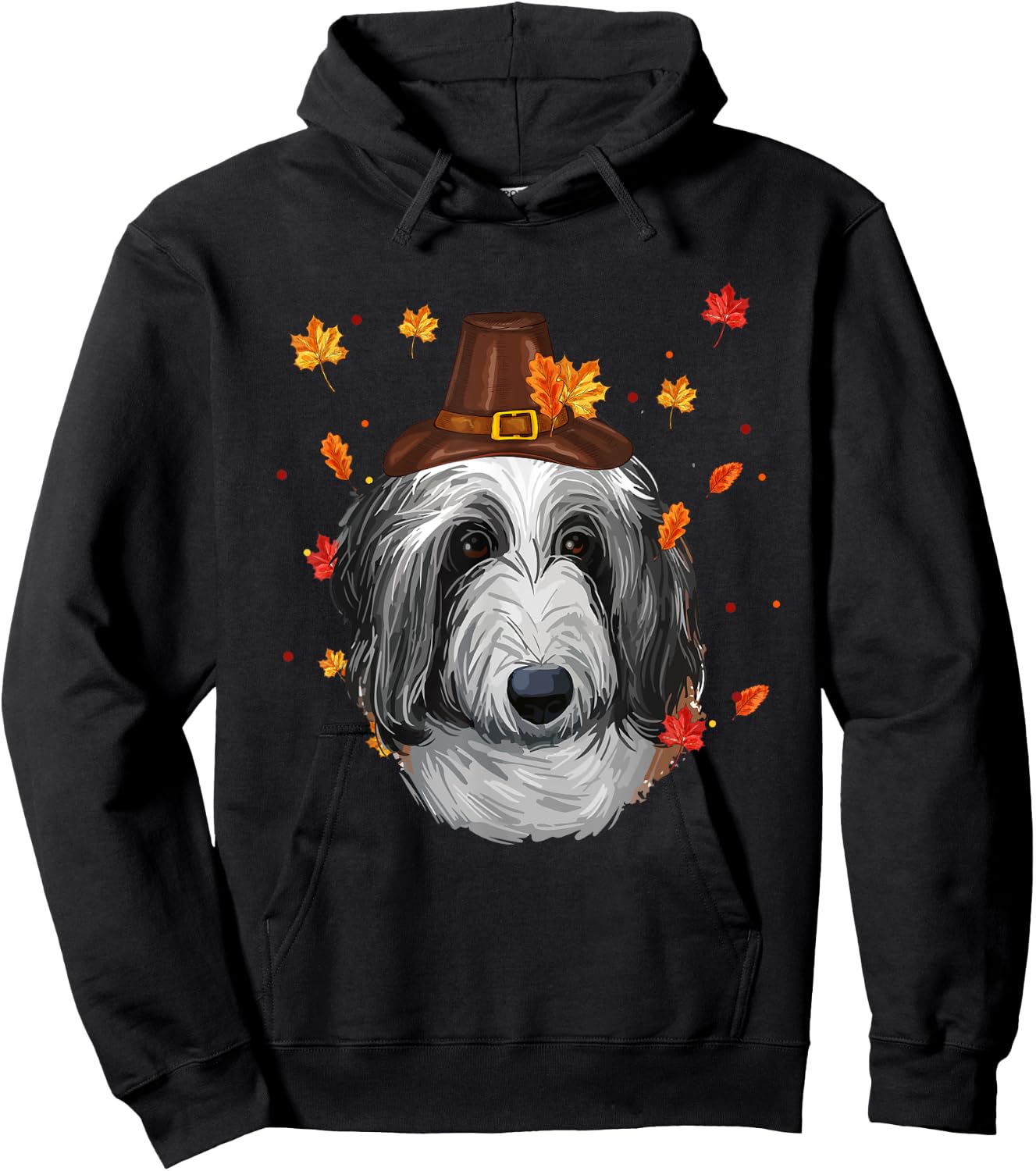 English Sheepdog Dog Pilgrim Hat Fall Happy Thanksgiving Day Women Girls Kids Hoodie - Hoodie | Black