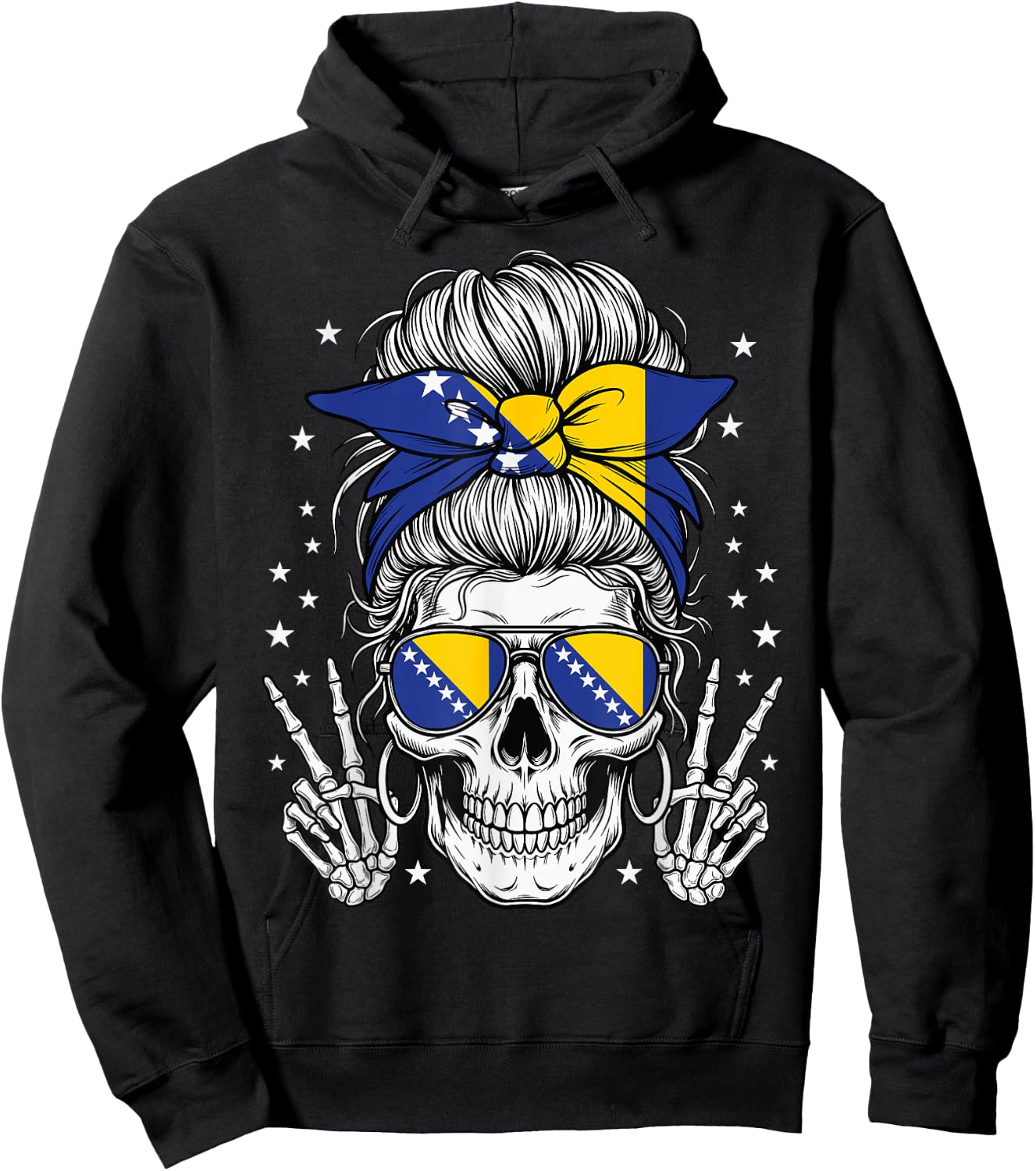 Bosnia and Herzegovina Flag Skull Messy Bun Bosnian Girl Hoodie - Hoodie | Black
