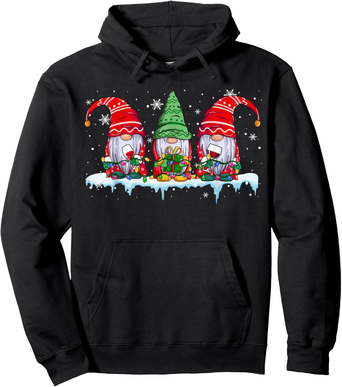 Three Gnomes Drinking Wine Funny Xmas Lights Gnome Wine Hoodie - Hoodie | Black