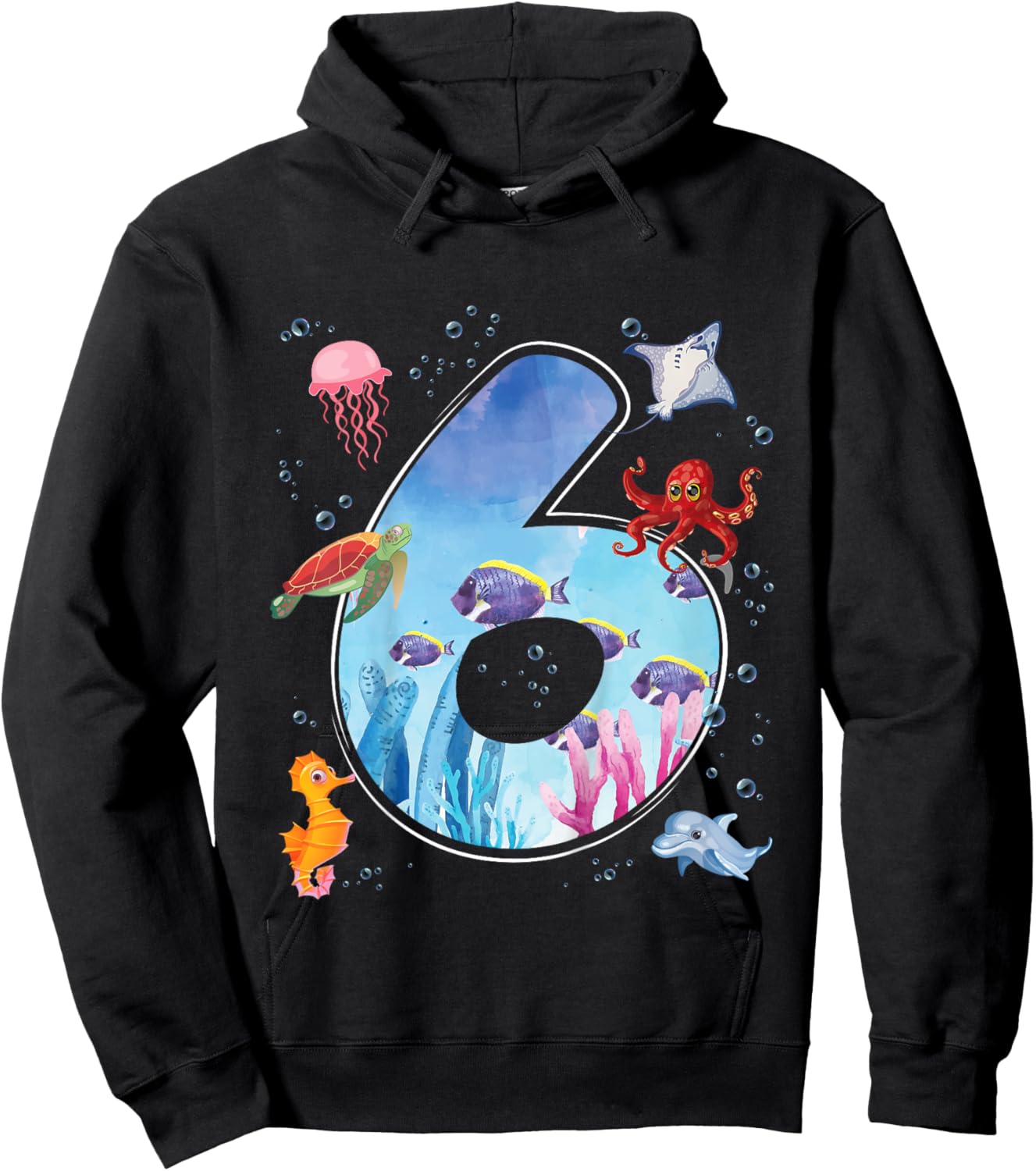 Kids 6th Birthday Party Ocean 6 Year Old Sea Fish Aquarium Boy Hoodie - Hoodie | Black