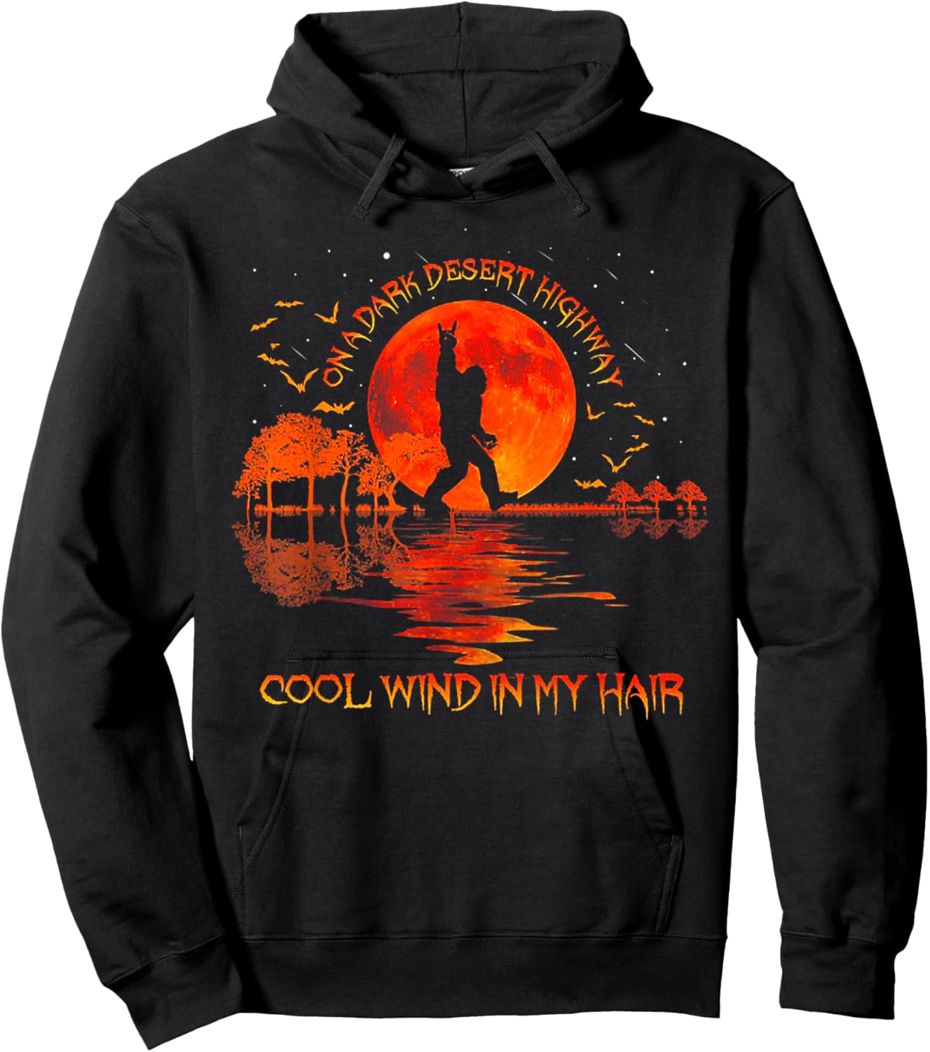 Bigfoot On A Dark Desert Highway Hand Rock And Roll Hoodie - Hoodie | Black