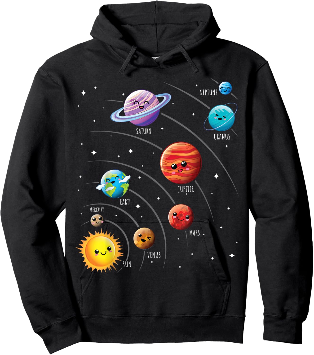 Kids Colorful Solar System Cute Anime Planets Space Hoodie - Hoodie | Black