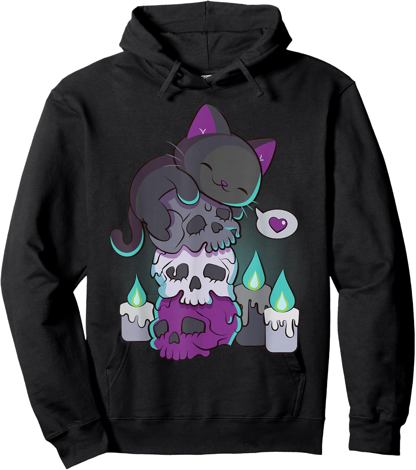 Asexual Pride Cute Black Cat on Skulls Kawaii Goth Aesthetic Hoodie - Hoodie | Black