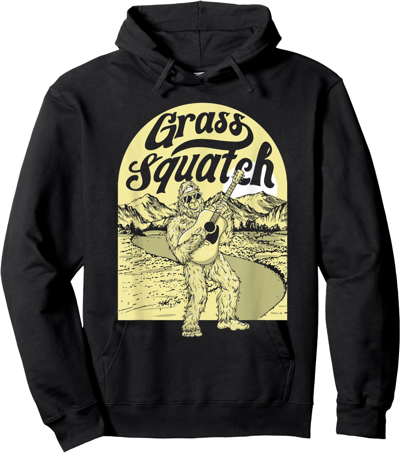 Grass Squatch Funny Acoustic Guitar Bigfoot Bluegrass Hoodie - Hoodie | Black