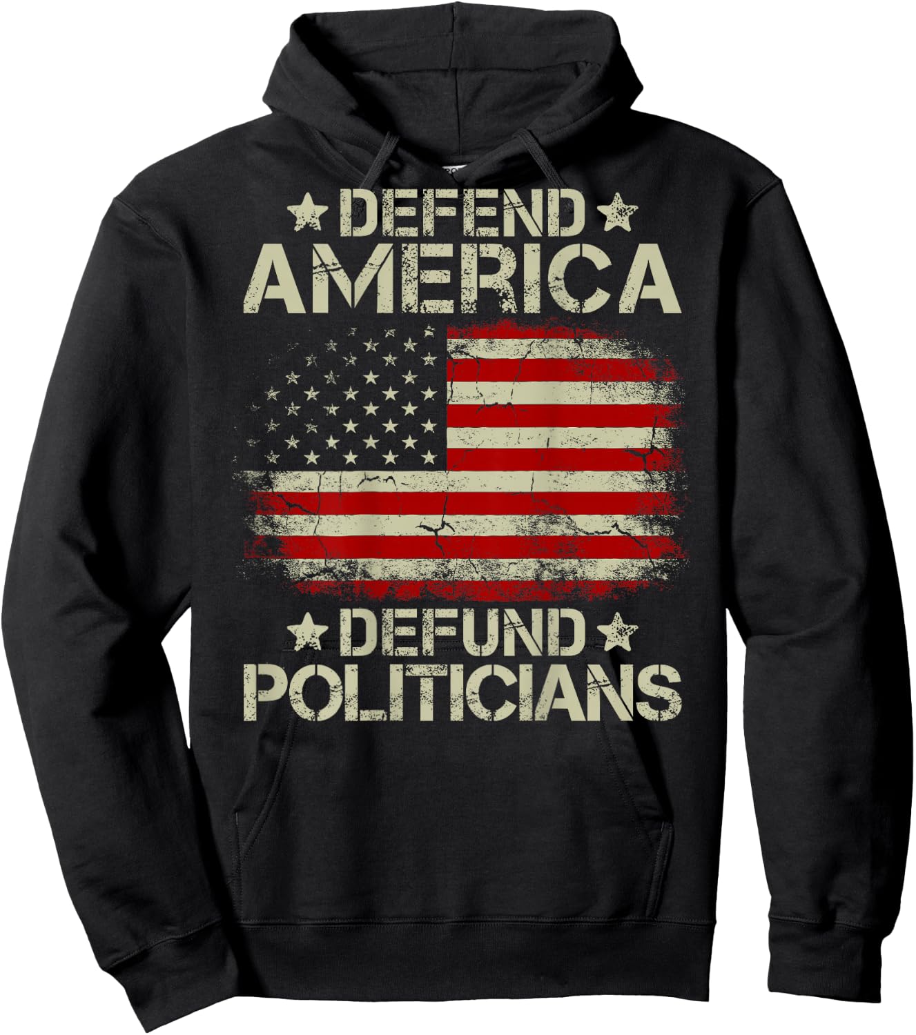 Vintage USA Flag Defend America Defund Politicians (on back) Women Men Hoodie - Hoodie | Black