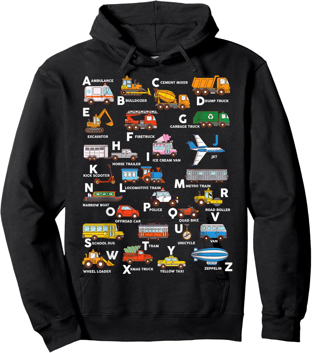 Alphabet Vehicles ABCs Learning Teachers Kids Boys Girls Hoodie - Hoodie | Black