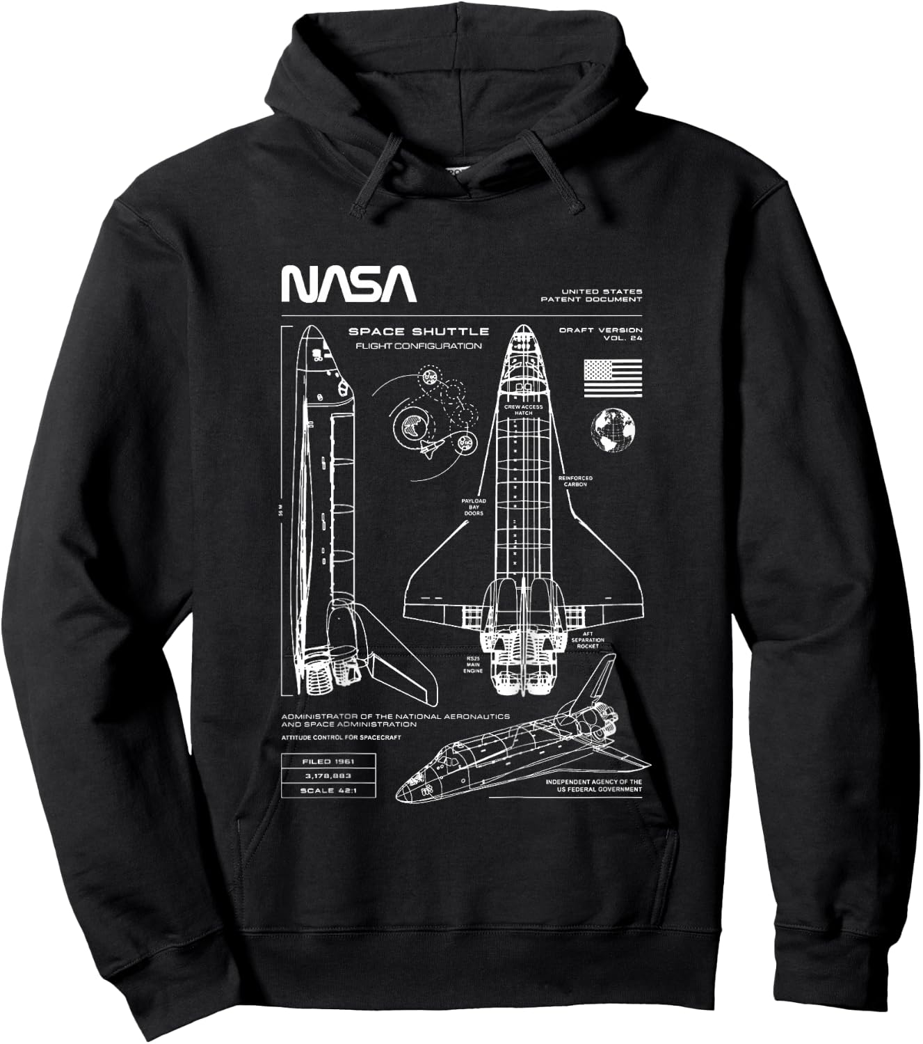 NASA Space Shuttle Technical Blueprint Kids Hoodie - Hoodie | Black
