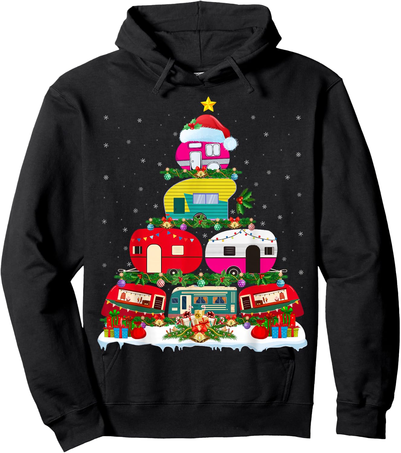 Funny Xmas Lighting Santa Camping RV Christmas Tree Hoodie - Hoodie | Black