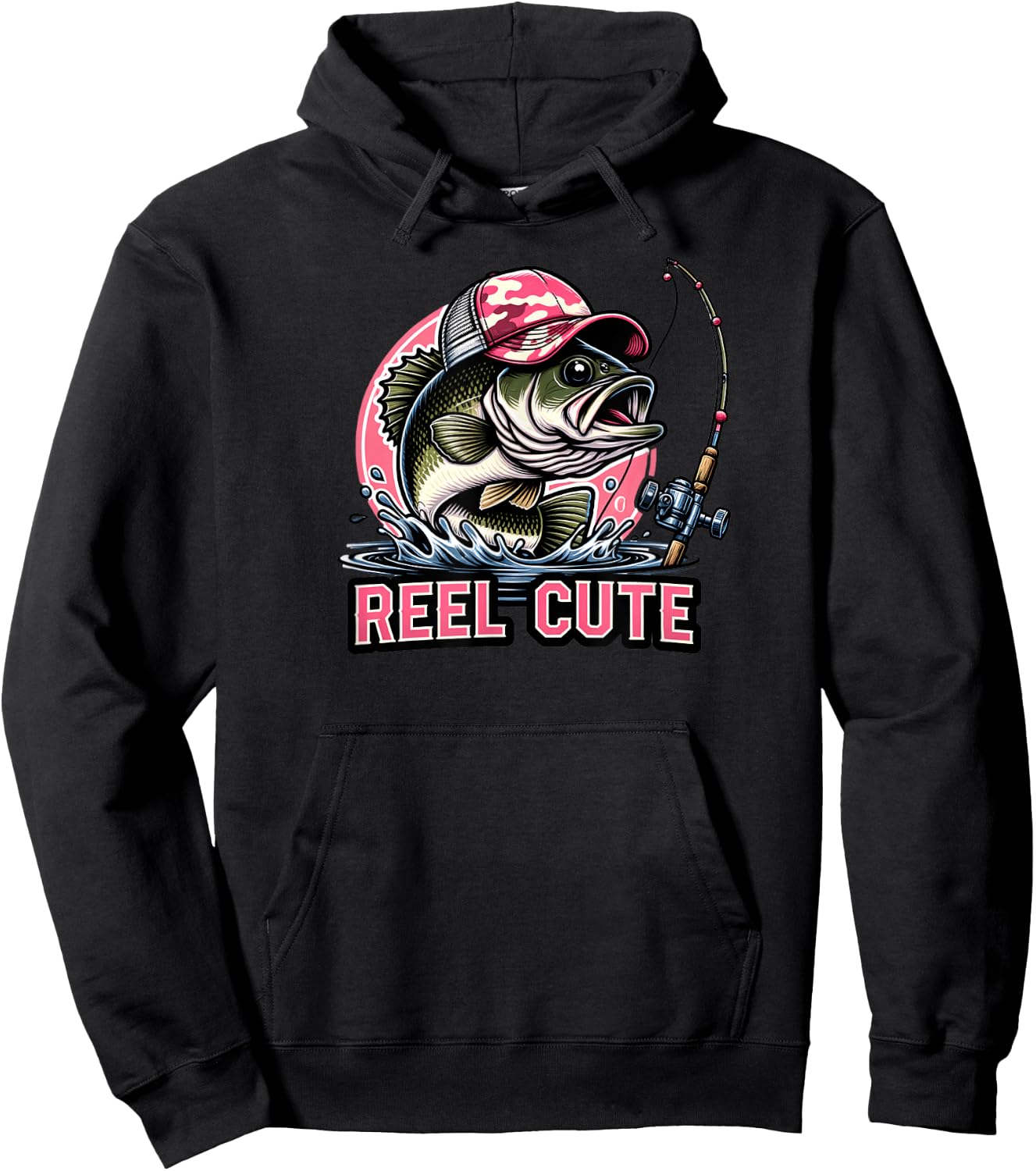 Reel Cute Pink Camouflage Bass Fisherman Hat Hoodie - Hoodie | Black
