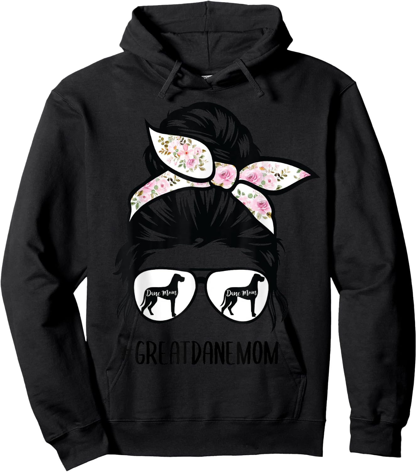 Great Dane Mom messy bun hair glasses Hoodie - Hoodie | Black