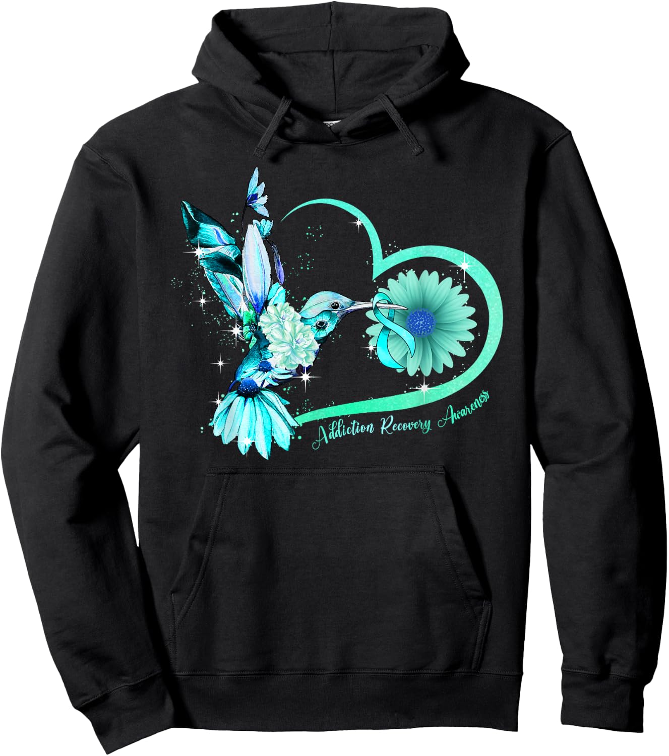 Hummingbird Sunflower Heart Teal Ribbon Addiction Recovery Hoodie - Hoodie | Black