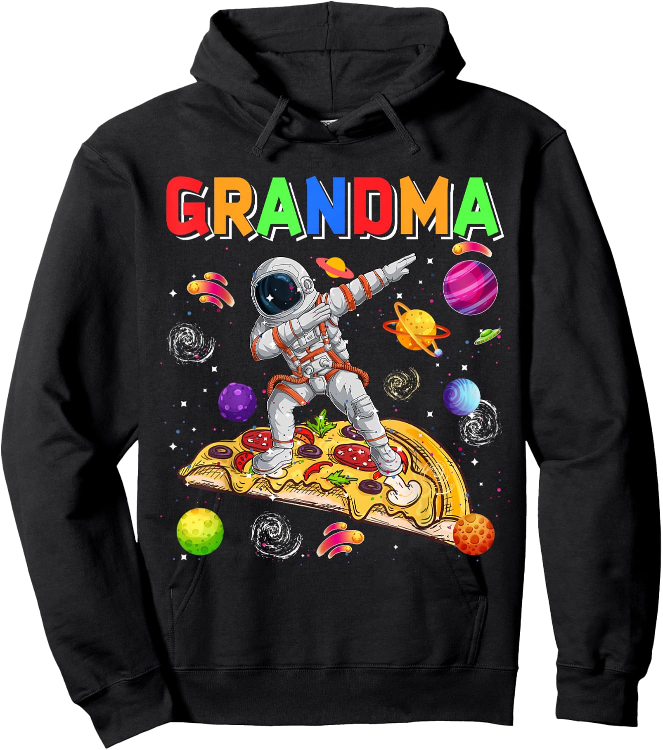 Grandma Dabbing Astronaut Riding Pizza Cute Planets Space Hoodie - Hoodie | Black