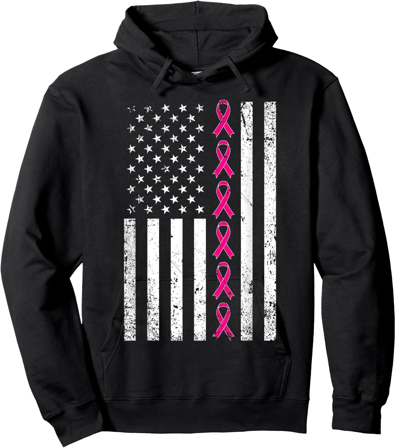 Breast Cancer Shirt Women Men USA Flag Pink Ribbon Hoodie - Hoodie | Black