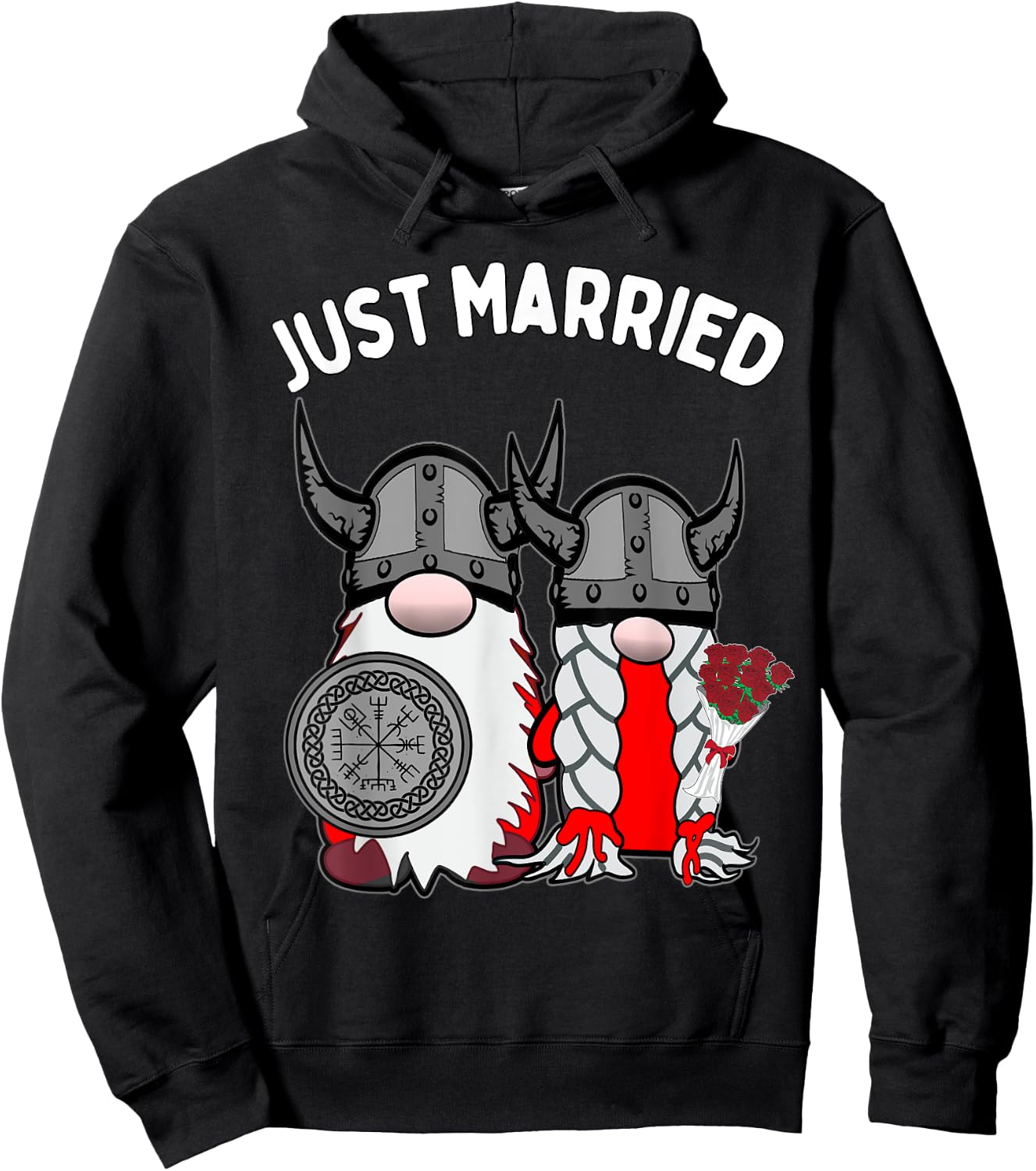 Just Married Nordic Gnome Viking Tomte Couple Wedding Hoodie - Hoodie | Black