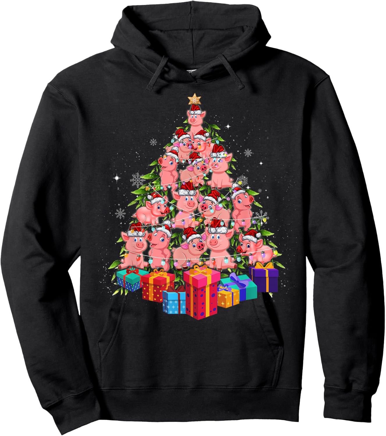 Funny Farmer Christmas Tree Pig Family Xmas Pajamas Matching Hoodie - Hoodie | Black