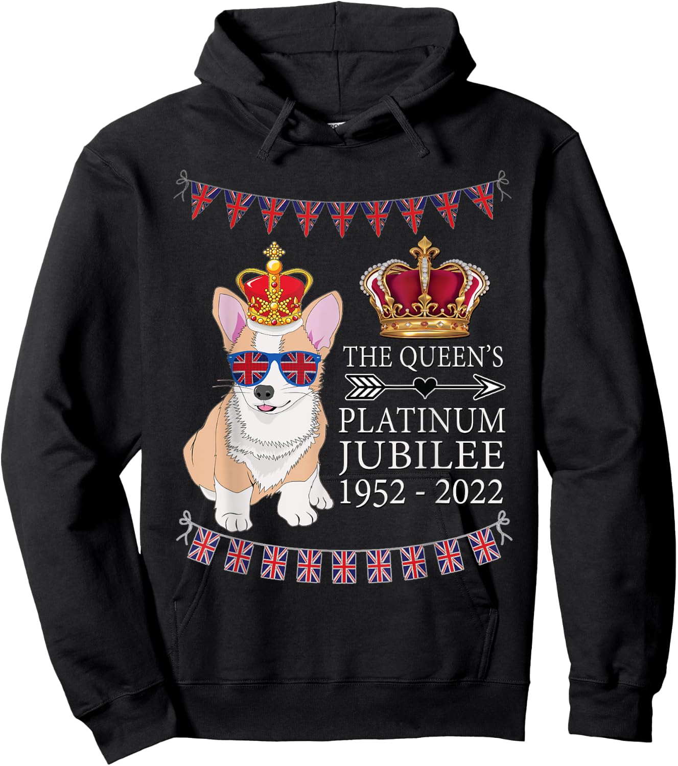 British Queen Platinum Jubilee Souvenir Union Jack Corgi Hoodie - Hoodie | Black