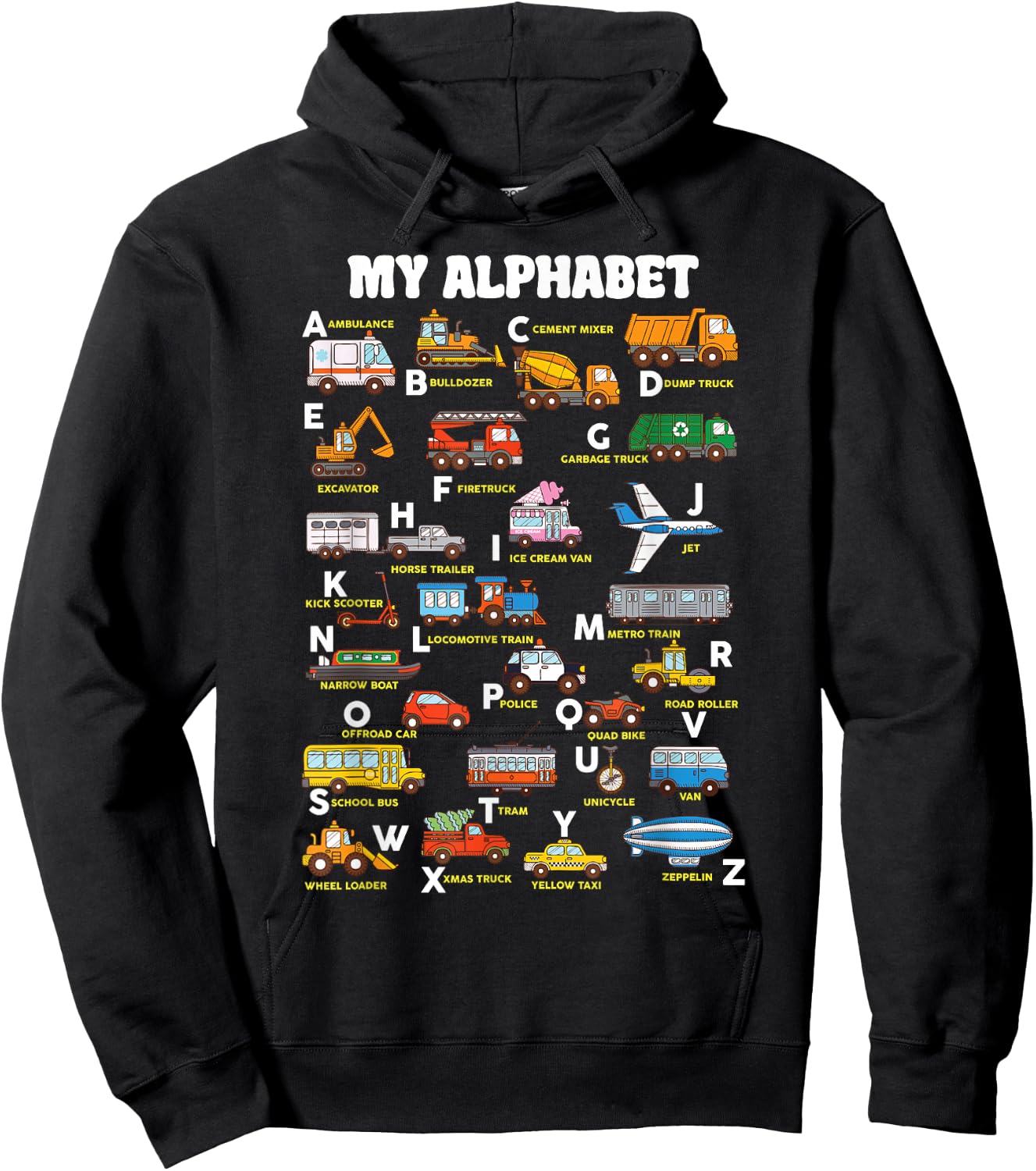 Alphabet Transport Learning ABC Car Bus Truck Educational Hoodie - Hoodie | Black