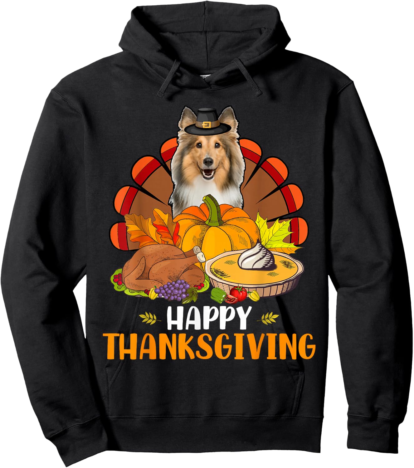 Thanksgiving Turkey Sheltie Dog Eating Dinner Family Lover Hoodie - Hoodie | Black