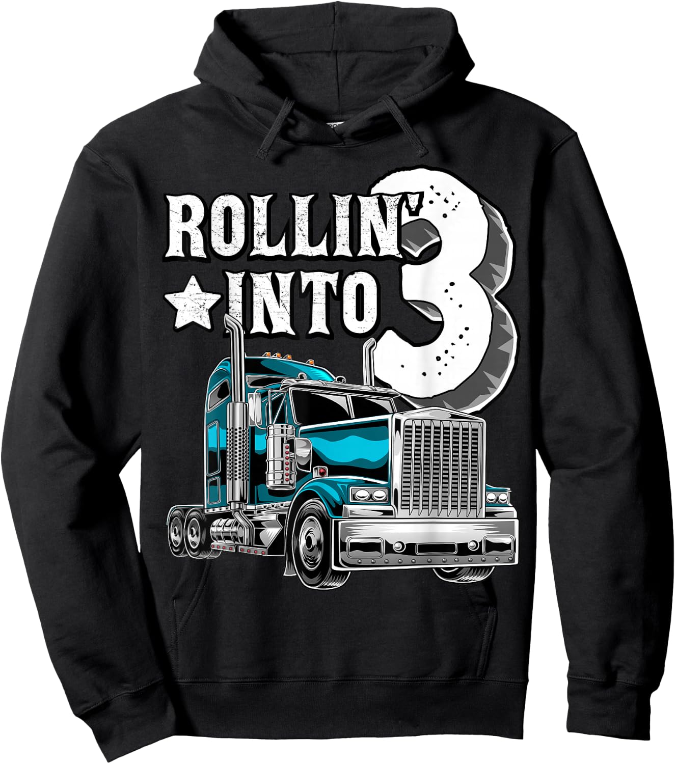 Rollin into 3 Big Rig Semi-Trailer Truck 3rd Birthday Gift Hoodie - Hoodie | Black