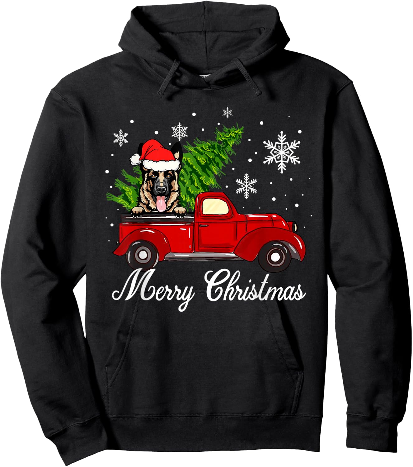 German Shepherd Dog Riding Red Truck Christmas Decorations Hoodie - Hoodie | Black