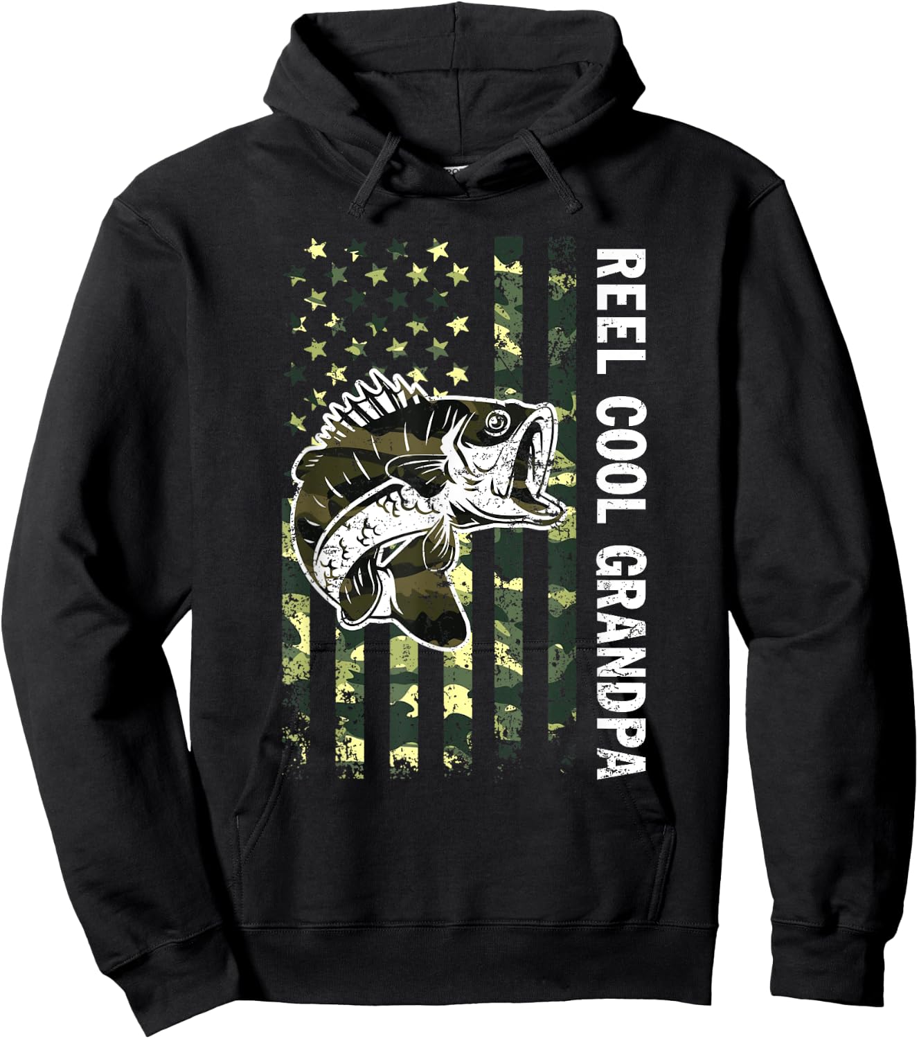 Reel Cool Grandpa Camouflage American Flag Fathers Day Hoodie - Hoodie | Black