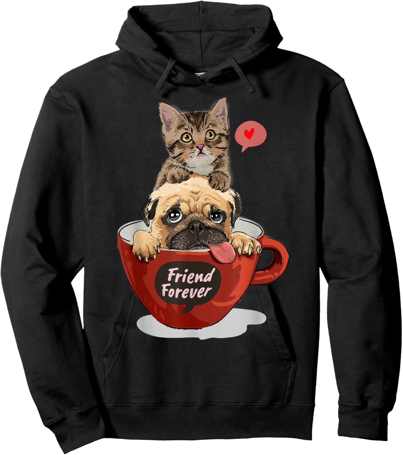 My Three Close Friends, Kitty, Pug puppy and a cup of coffee Hoodie - Hoodie | Black