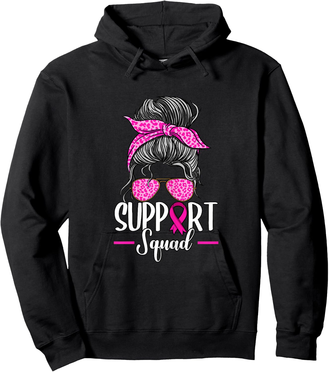 Support Squad Messy Bun Breast Cancer Awareness Hoodie - Hoodie | Black