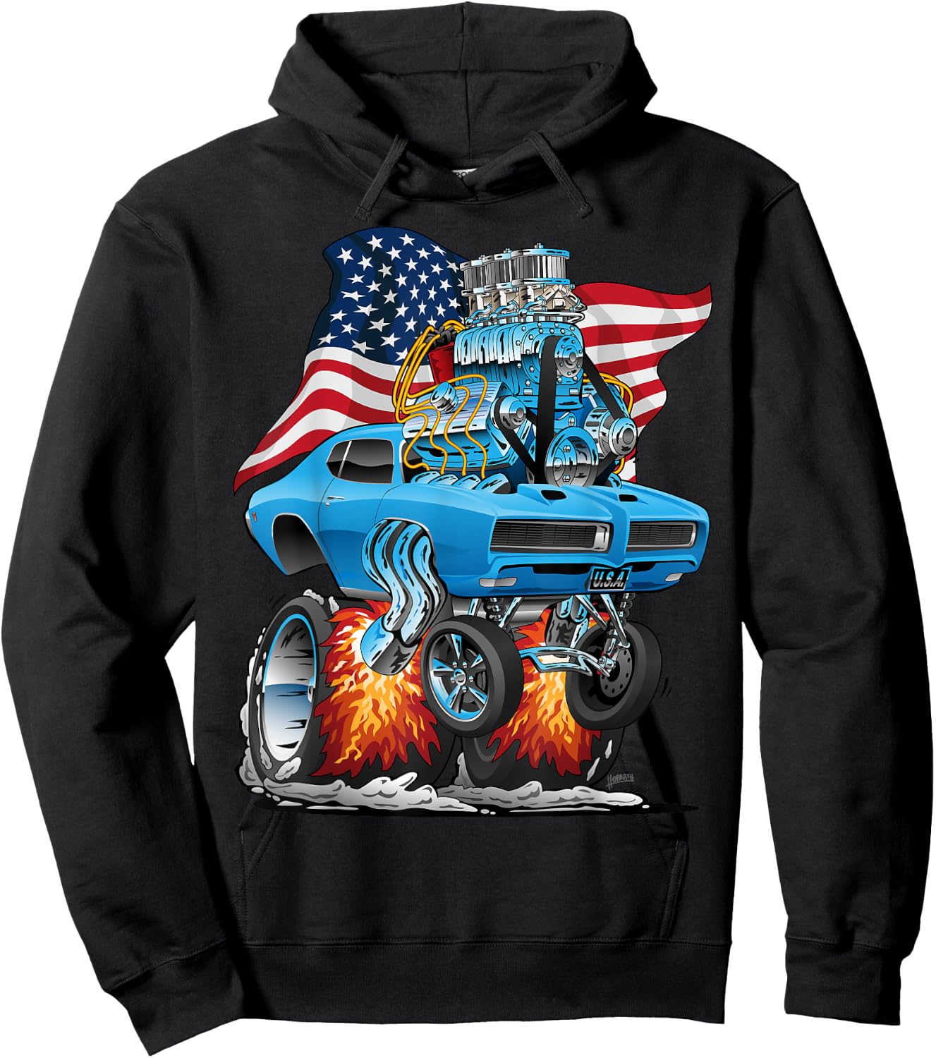 Patriotic 60s Muscle Car Funny Dragster USA Hotrod Cartoon Hoodie - Hoodie | Black