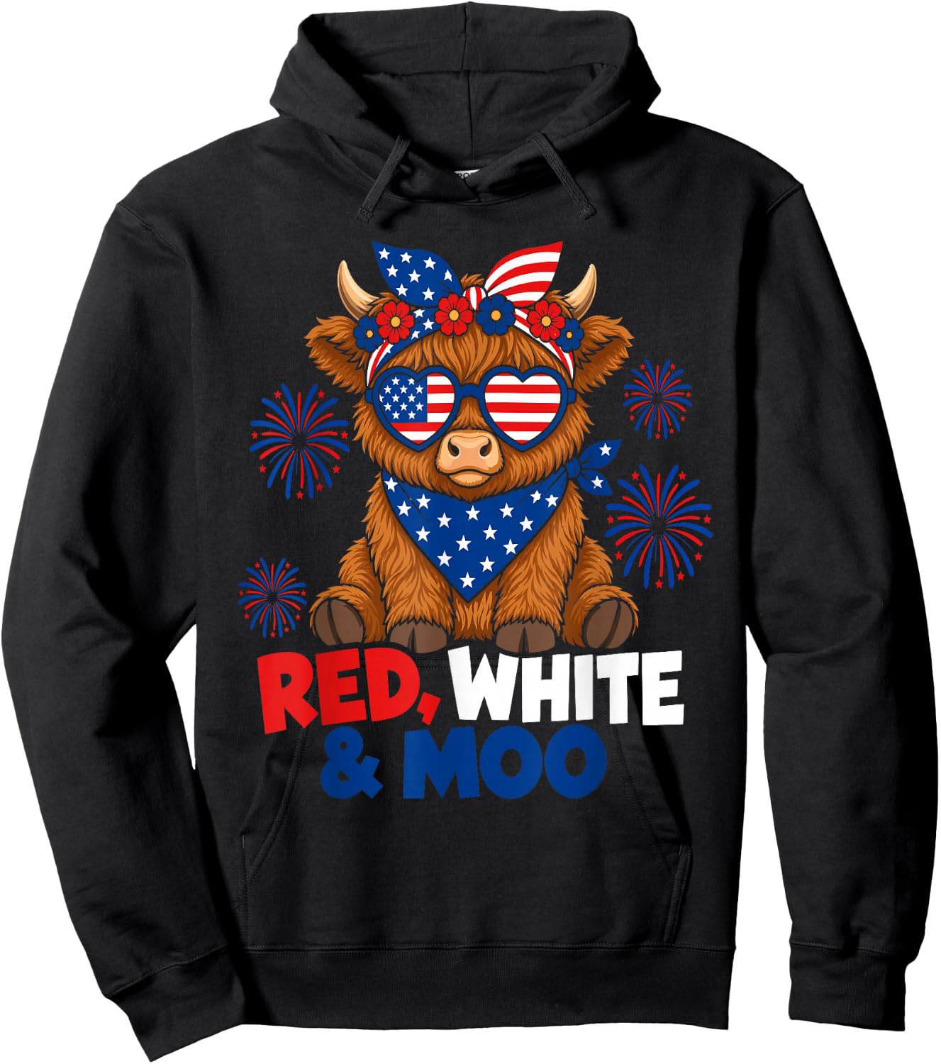 Patriotic Moo Highland Cow Fourth of July American Flag Star Hoodie - Hoodie | Black