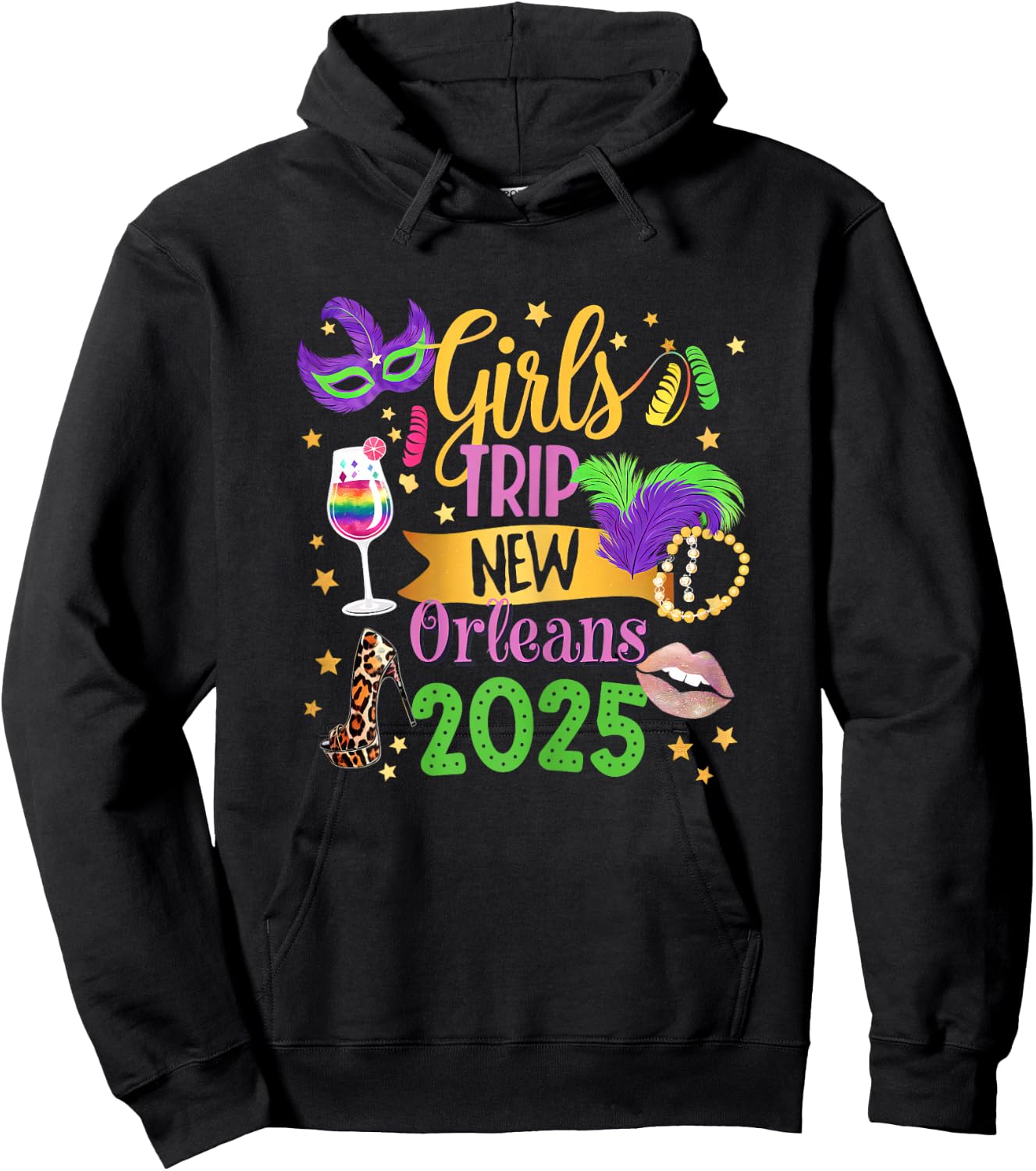 Girls Trip New Orleans 2025 Mardi Gras Mask Beads Family Hoodie - Hoodie | Black
