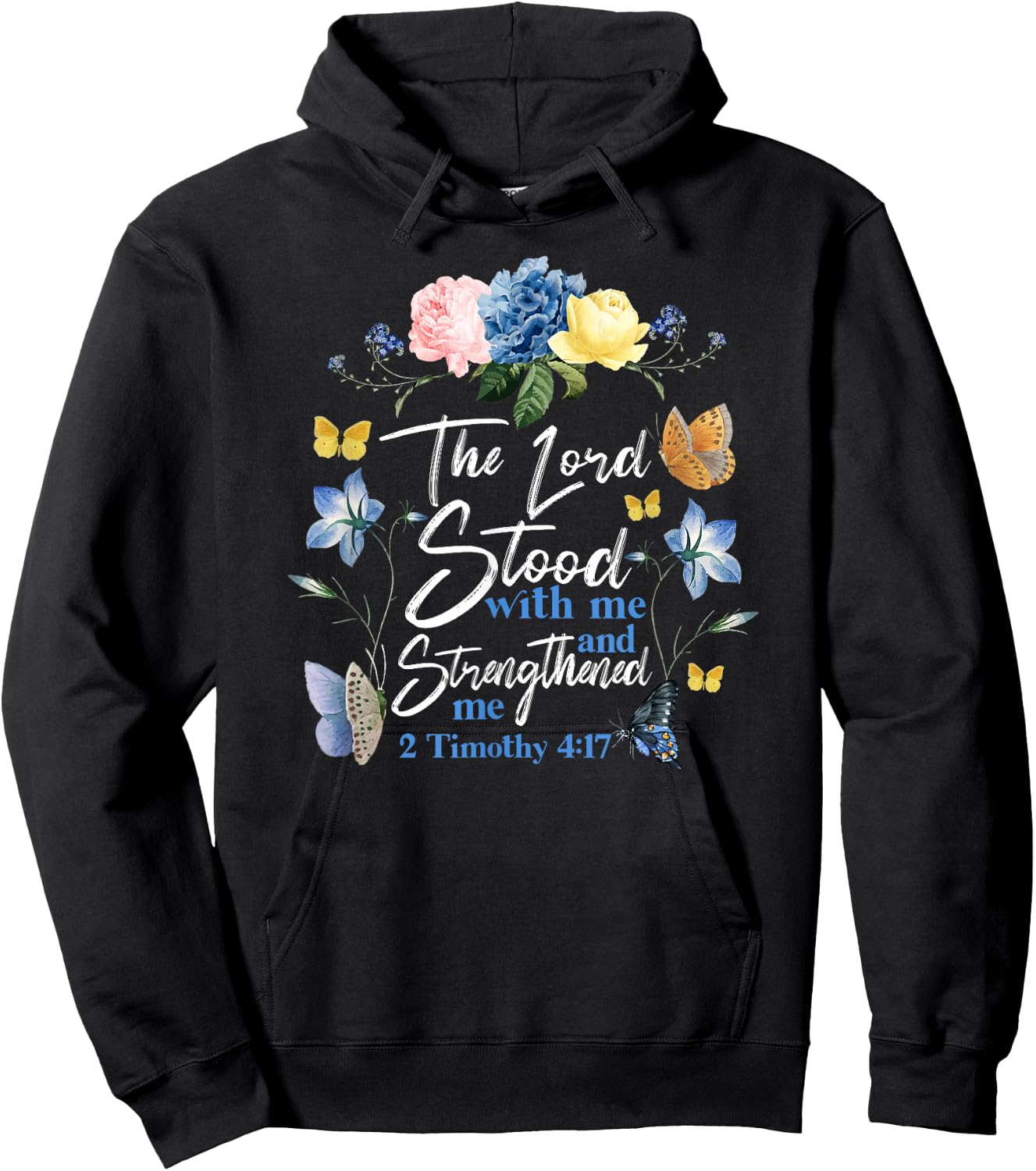 Christian Bible Verse Butterfly Rose Flower 2 Timothy 4:17 Hoodie - Hoodie | Black