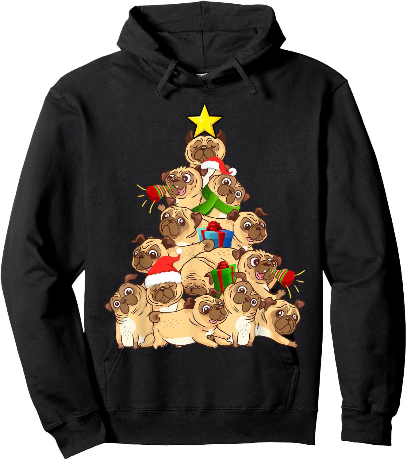 Pug Dogs Tree Christmas Sweater Xmas Pet Animal Dog Gifts Women Kids Hoodie - Hoodie | Black