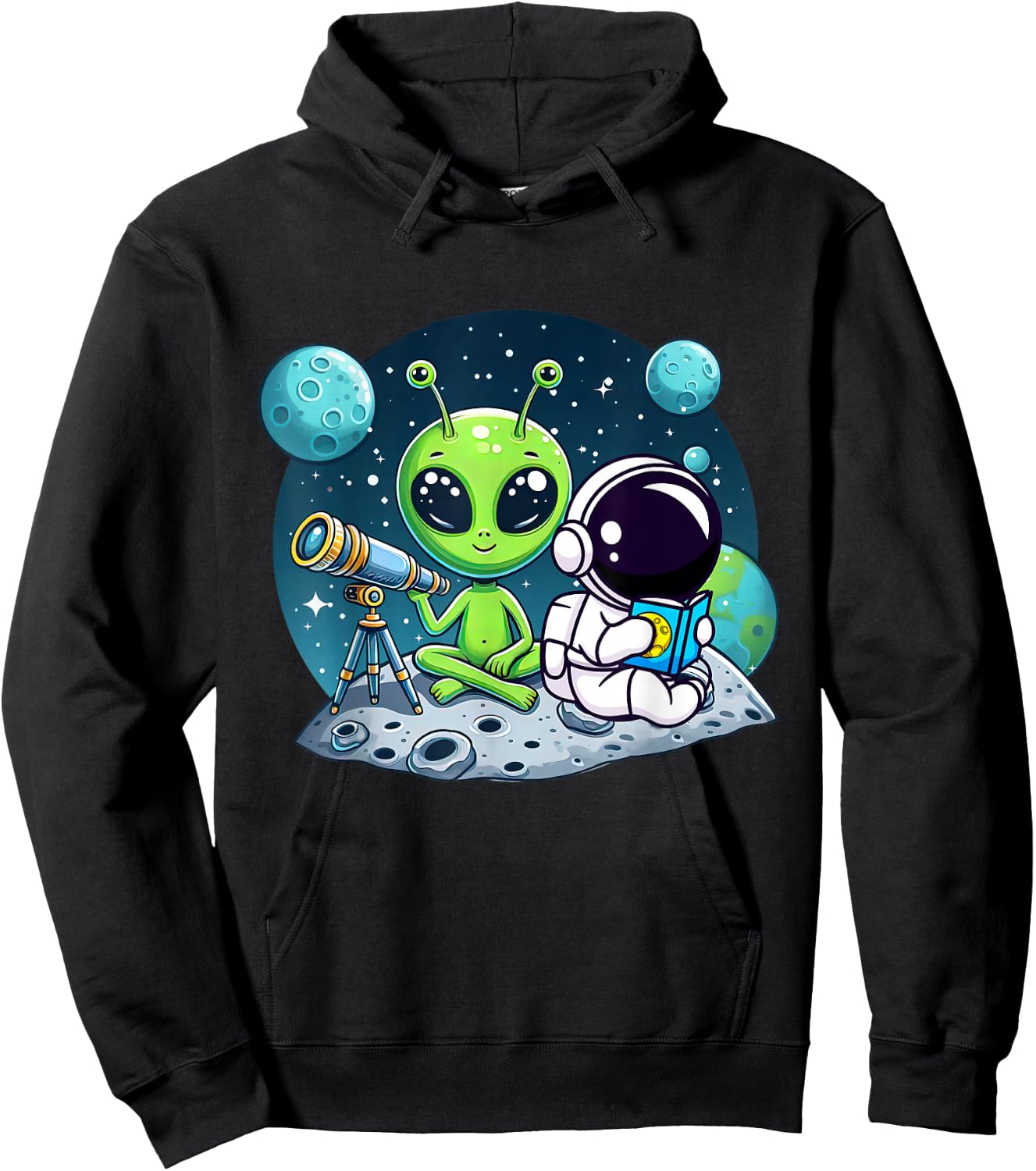 Astronaut Reading Book To Alien Moon Space Women Kids Men Hoodie - Hoodie | Black