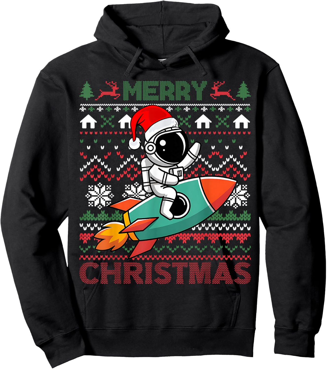 Merry Ugly Christmas Santa Hat Astronaut Riding Rocket Xmas Hoodie - Hoodie | Black