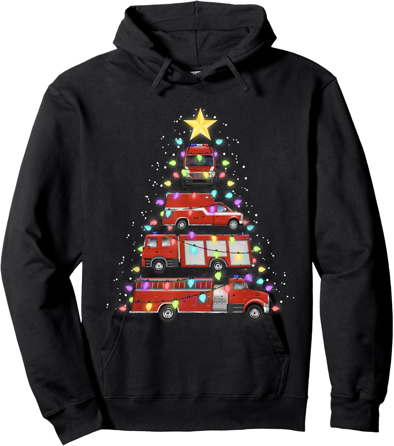Firefighter Fire Truck Christmas Tree Santa Xmas Light Gift Hoodie - Hoodie | Black
