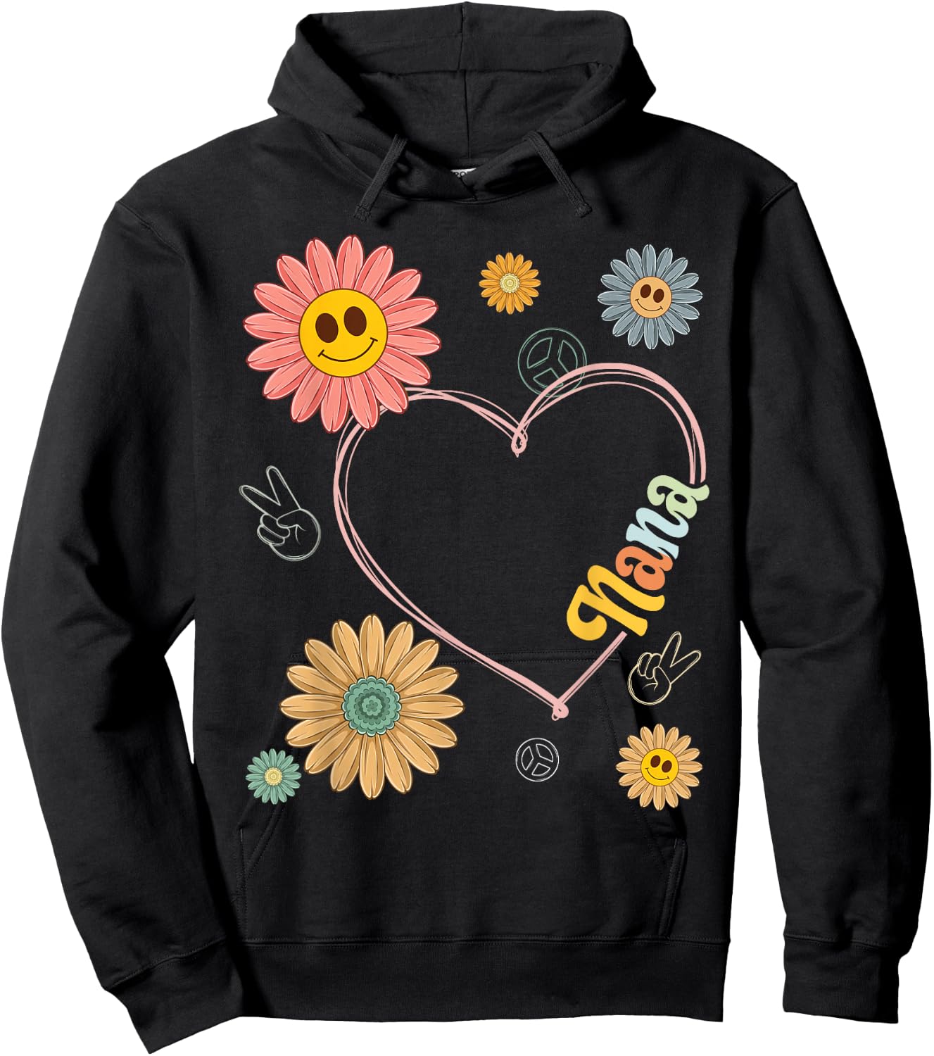 Love Heart Groovy Nana Mother's Day Women Hippie 70's Style Hoodie - Hoodie | Black