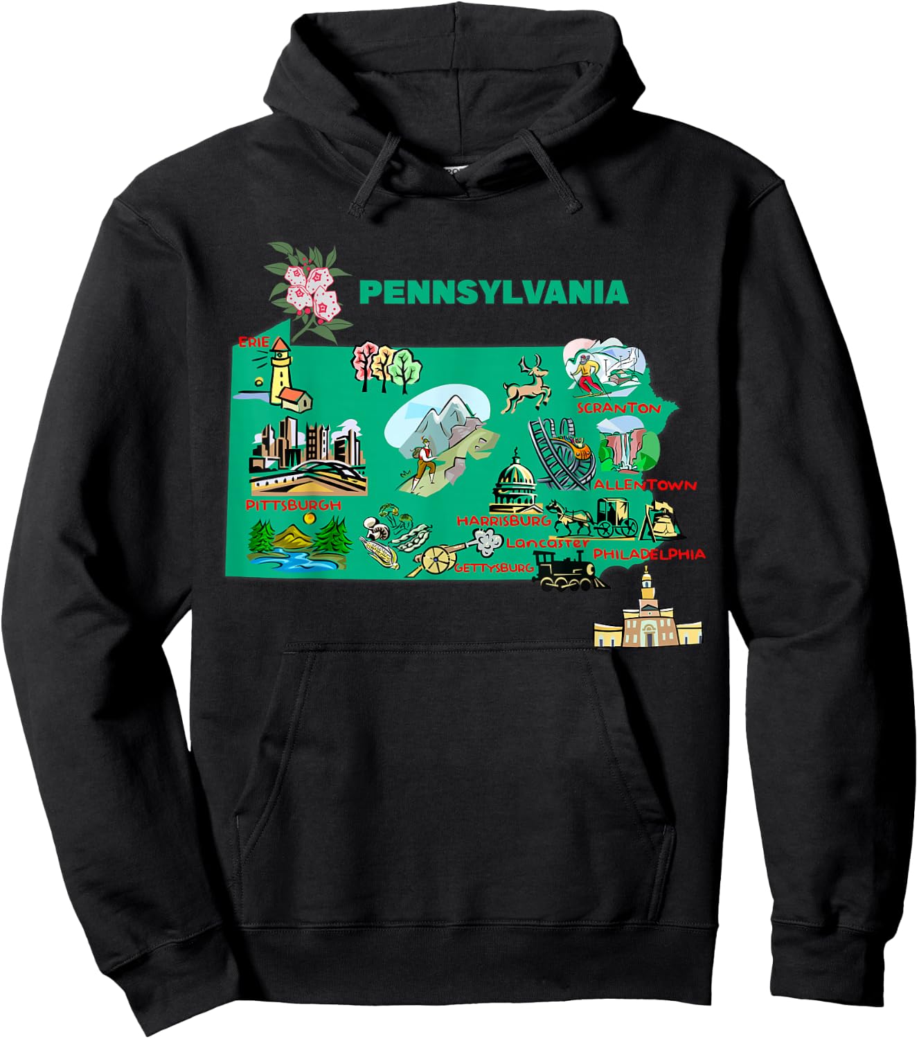tourism map of Pennsylvania state, USA, major cities, flag Hoodie - Hoodie | Black