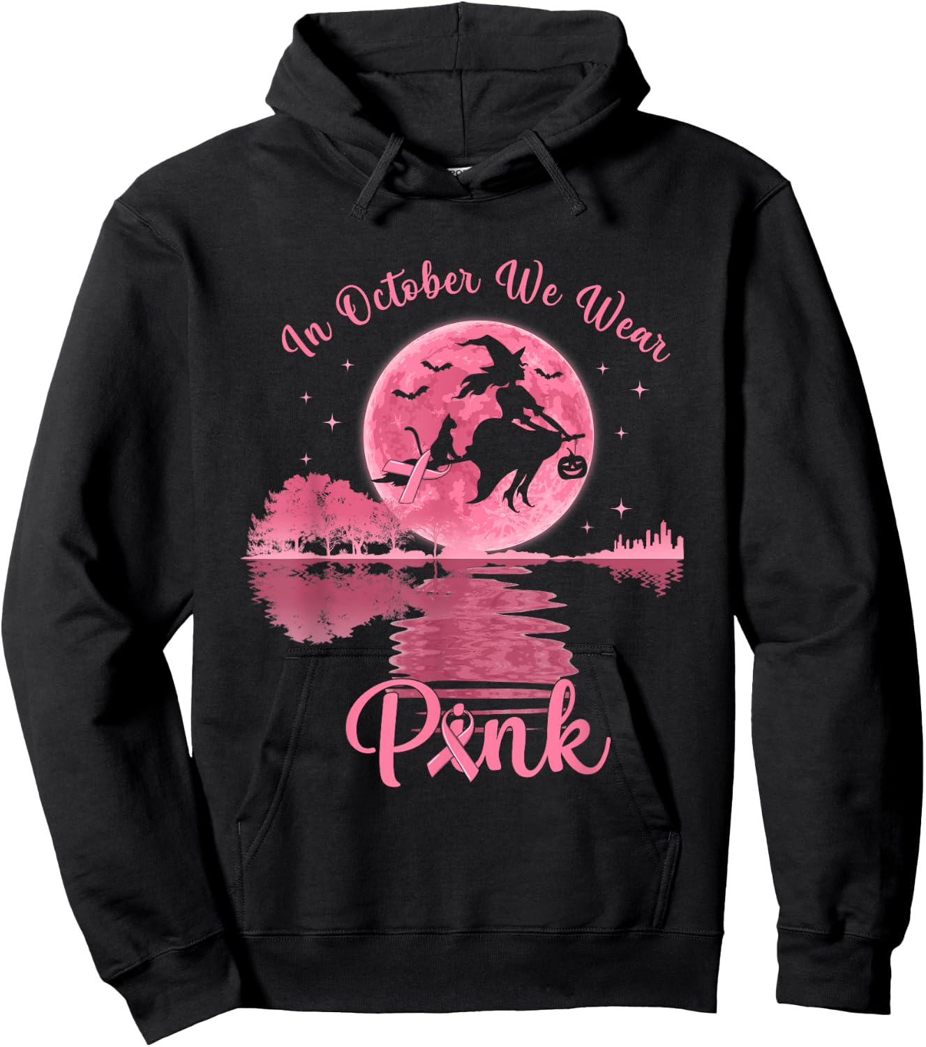 In October We Wear Pink Witch Breast Cancer Awareness Hoodie - Hoodie | Black