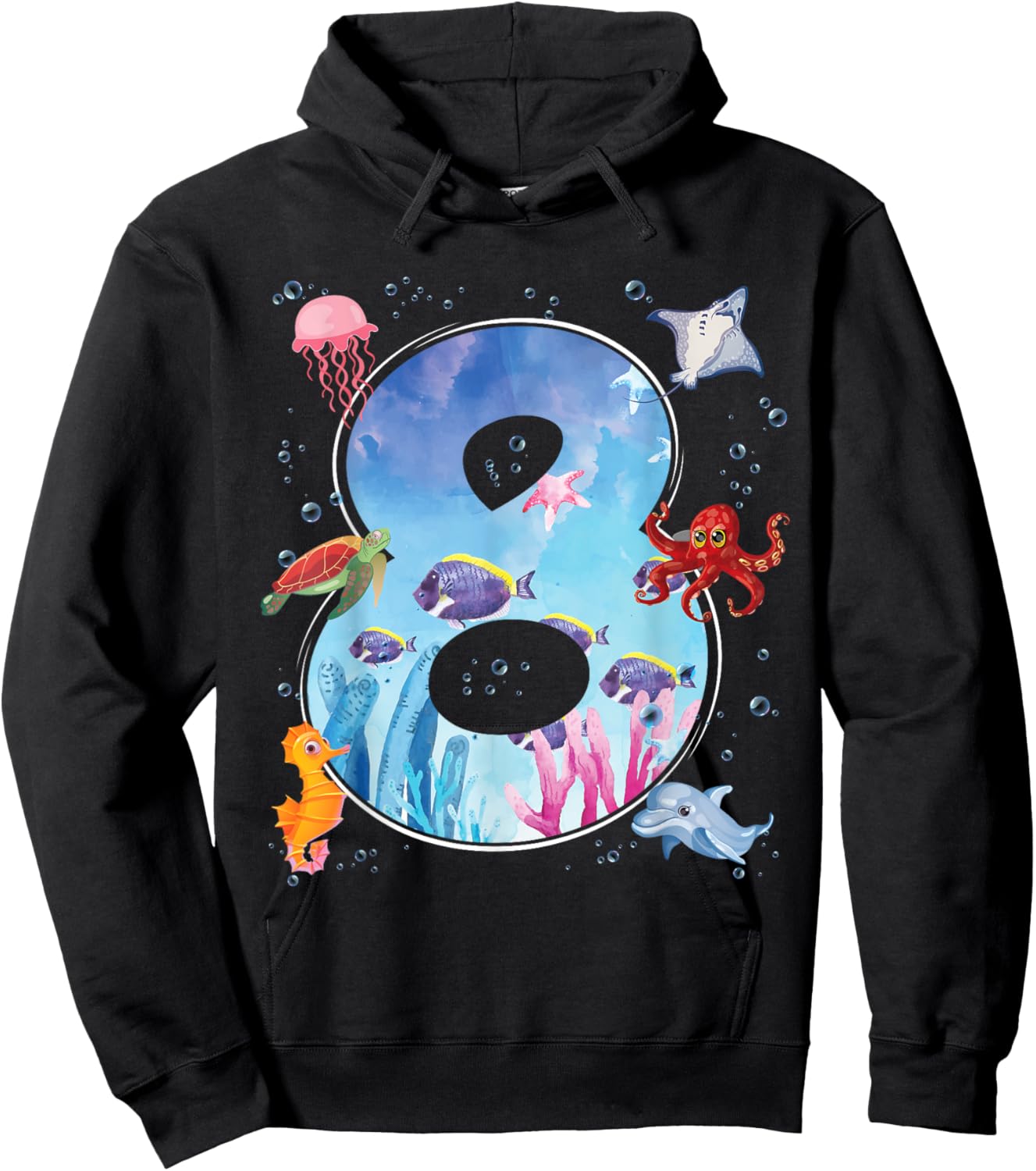 8th Birthday Party Ocean 8 Year Old Sea Fish Aquarium Boy Hoodie - Hoodie | Black