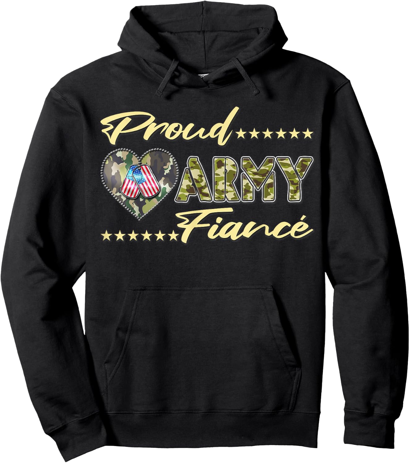 Proud Army Fiance - Camo US Flag Dog Tag Military Lover Gift Hoodie - Hoodie | Black