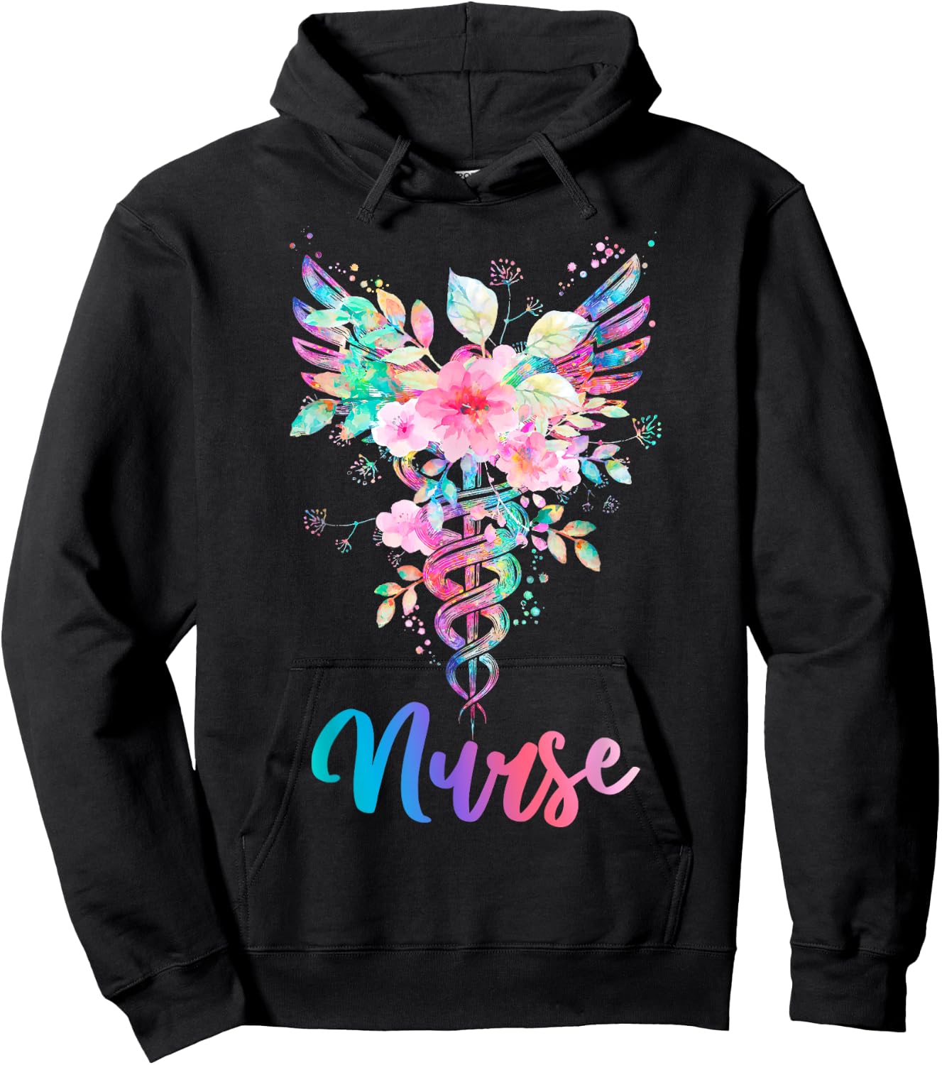 Nurse Watercolor Floral Caduceus Hoodie - Hoodie | Black