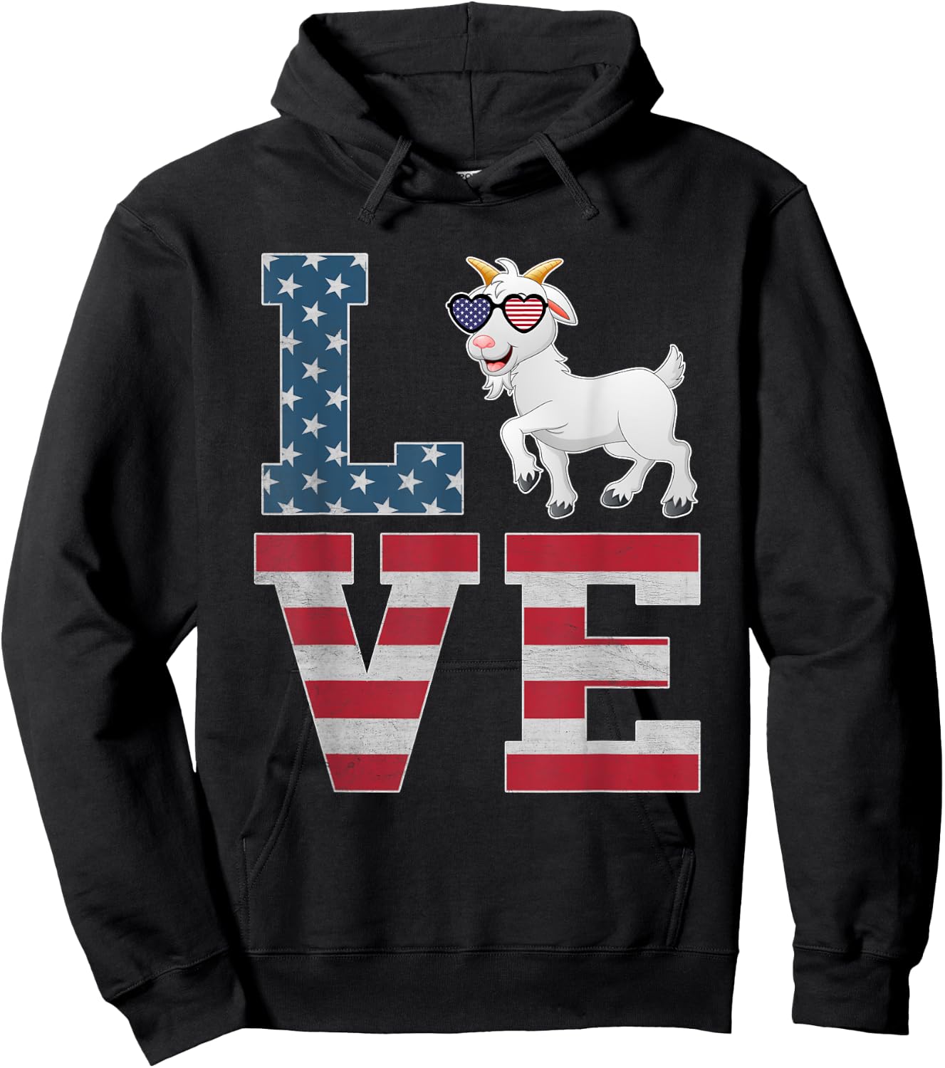 4th of July Decor Patriotic LOVE Goat American Flag Hoodie - Hoodie | Black