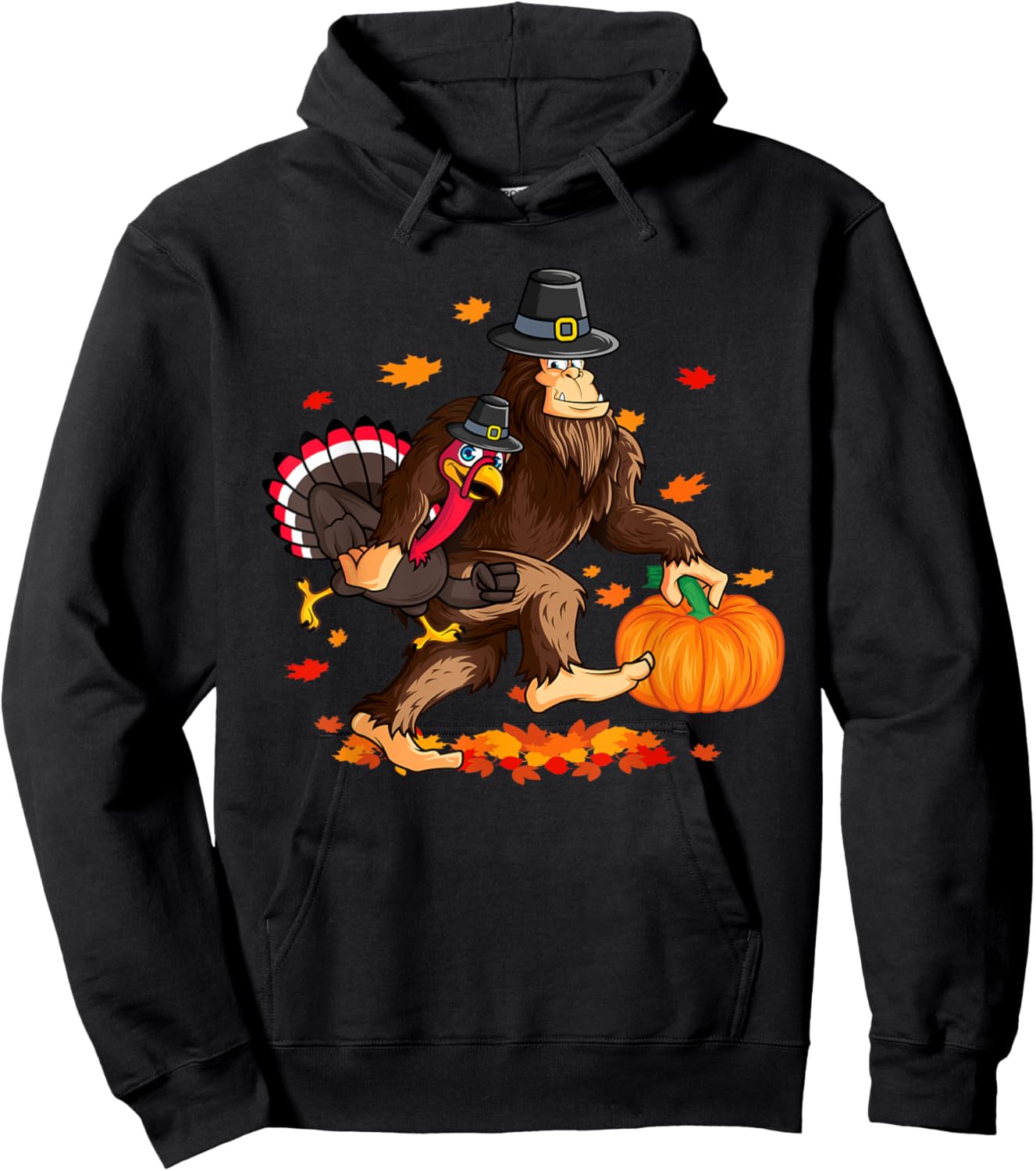 Funny Bigfoot Thanksgiving Pilgrim Turkey Pumpkin For Boys Hoodie - Hoodie | Black