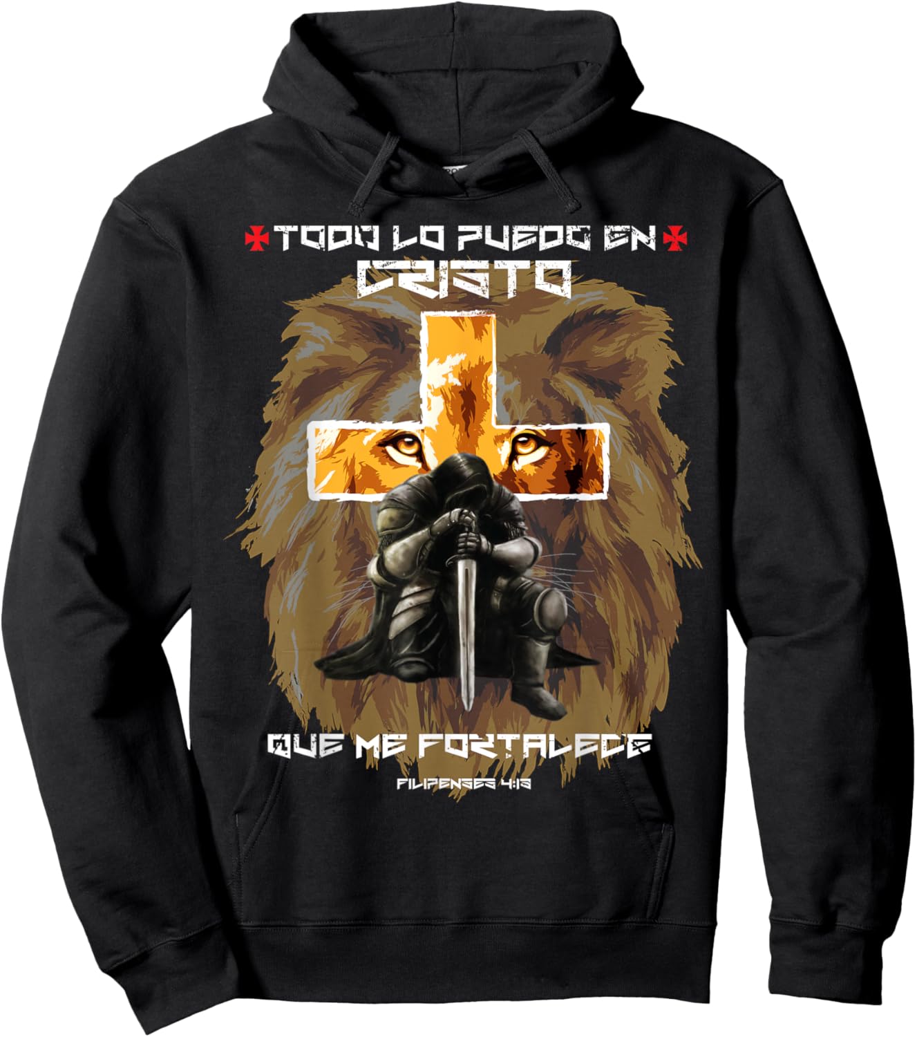 Lion Graphic Christian Spanish Products With Crosses Verses Hoodie - Hoodie | Black
