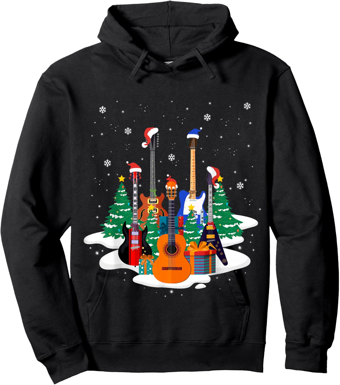 Guitar Santa Hat Christmas Tree Funny Music Loves Xmas Gifts Hoodie - Hoodie | Black