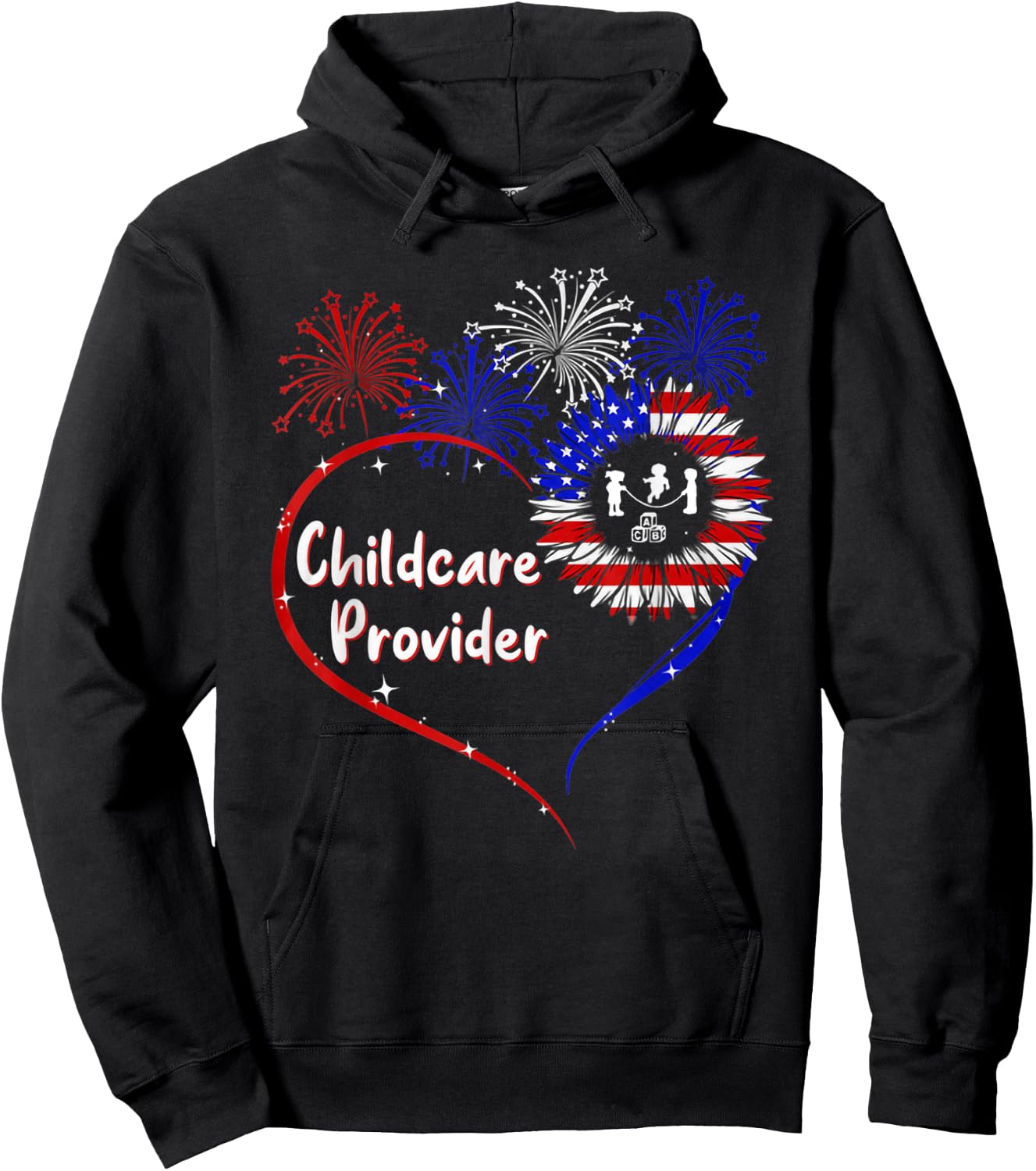childcare provider american flag heart 4th of July Hoodie - Hoodie | Black